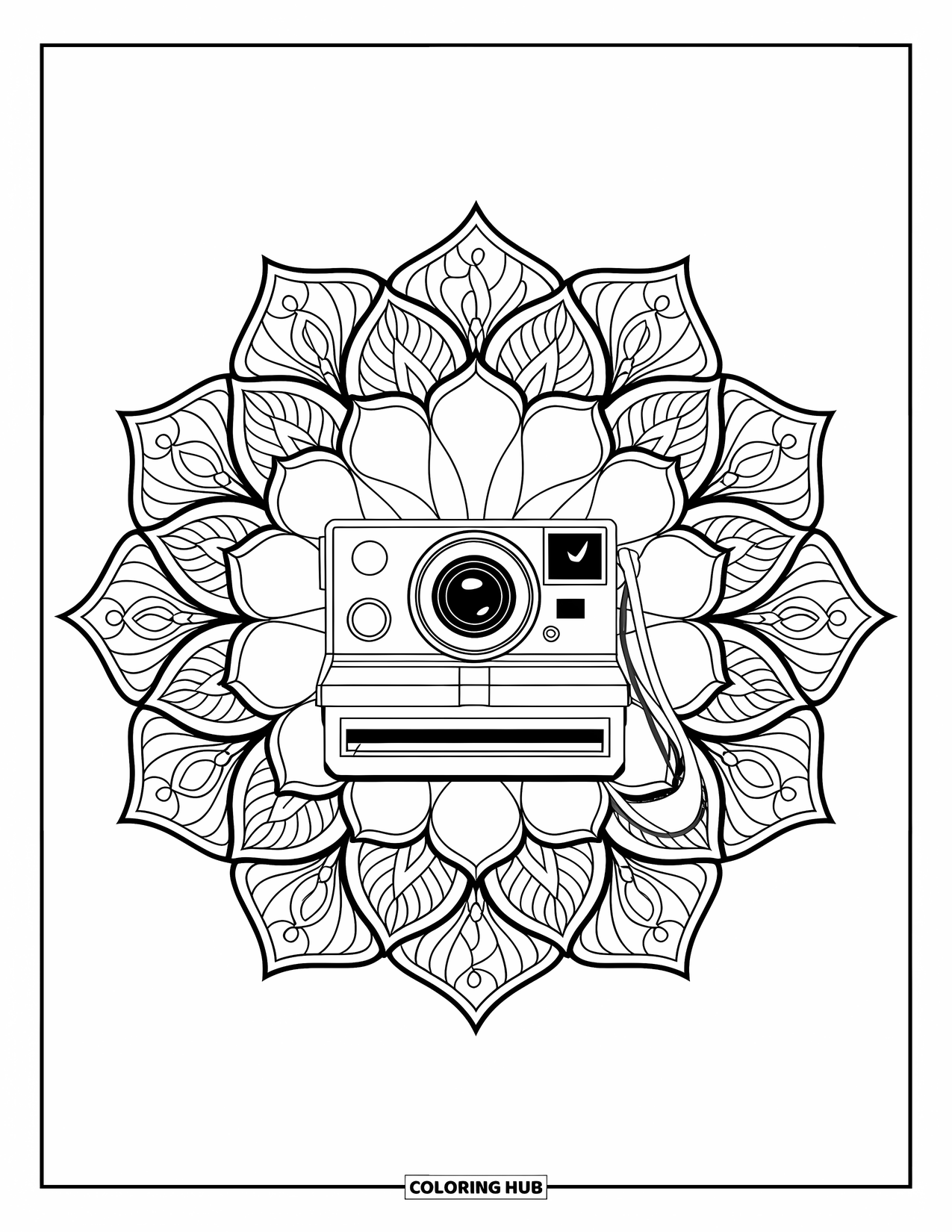 Camera Coloring Page for Adults: A polaroid camera sits among swirling lotus petals and floral patterns