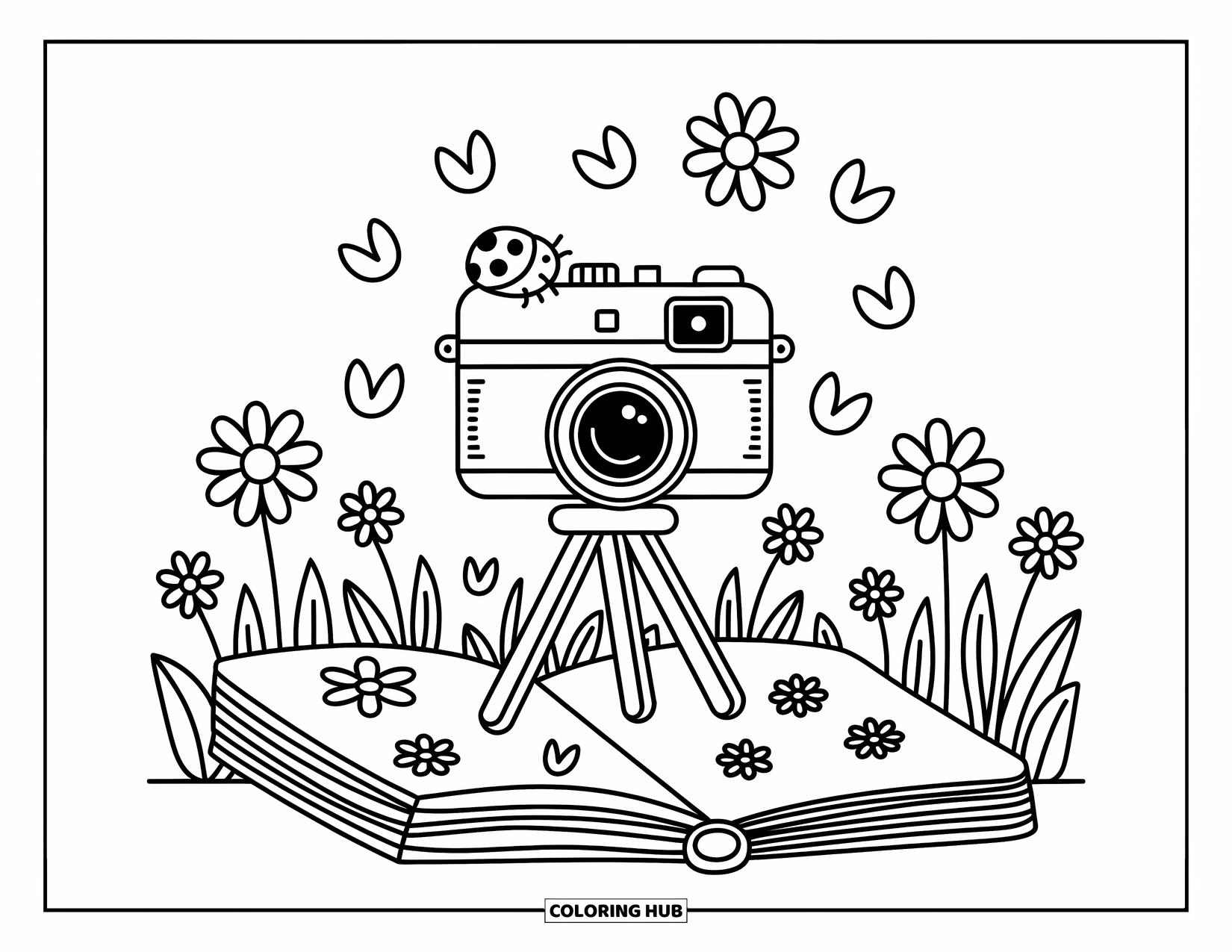 Camera Coloring Page for Adults: A sweet camera on a tripod is surrounded by flowers, petals, and a sketchbook