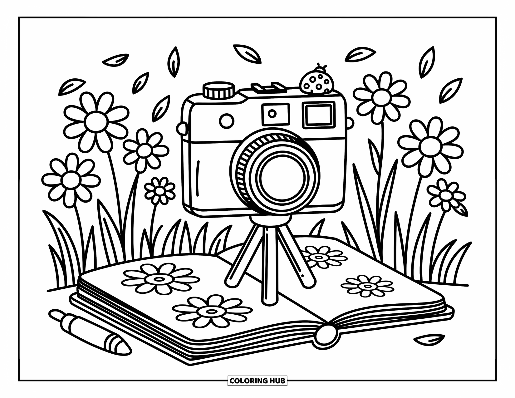 Camera Coloring Page for Adults: A tiny tripod camera stands in a flower field with a ladybug and sketchbook