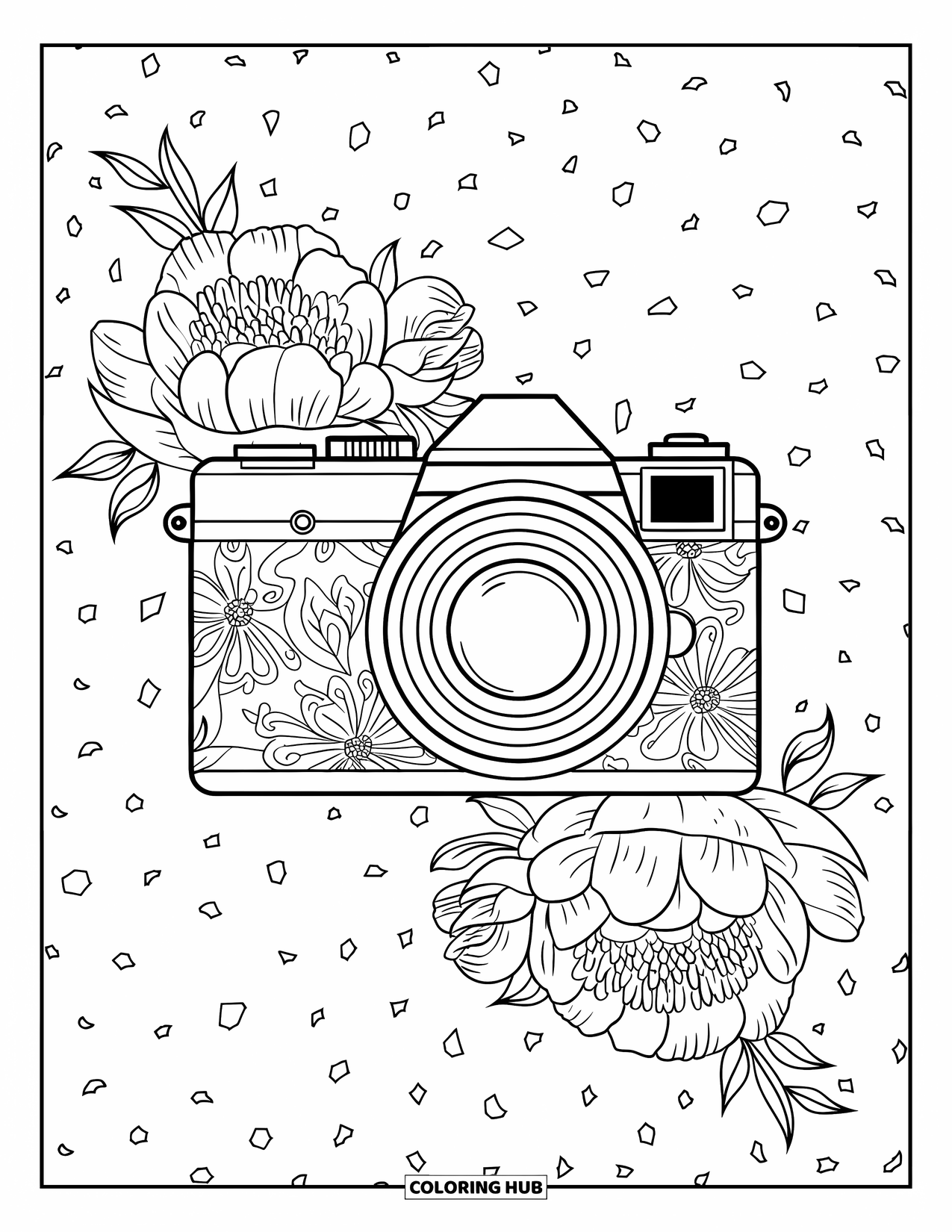 Camera Coloring Page for Adults: An SLR camera sits in the center of detailed peonies and floral patterns