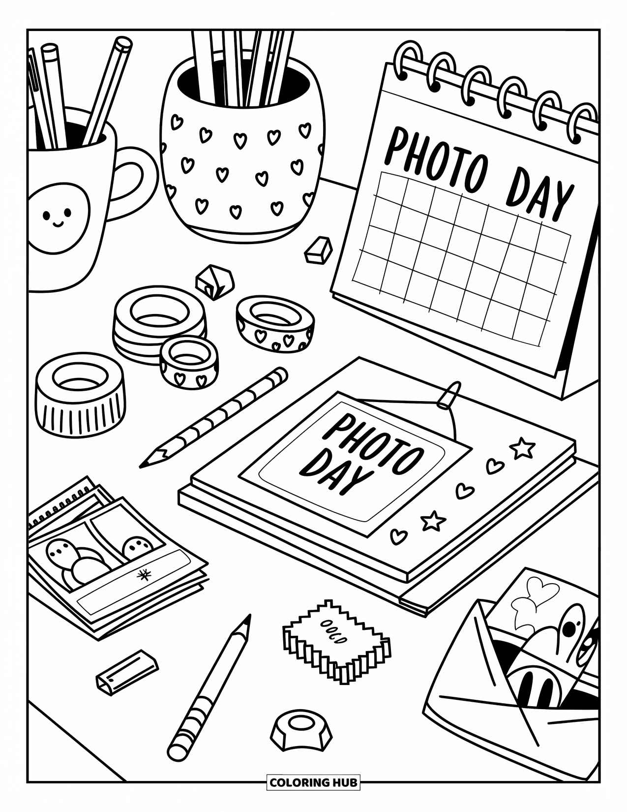 Camera Coloring Page for Adults: Photo prints and washi tape sit playfully on a desk marked ìPhoto Day.î