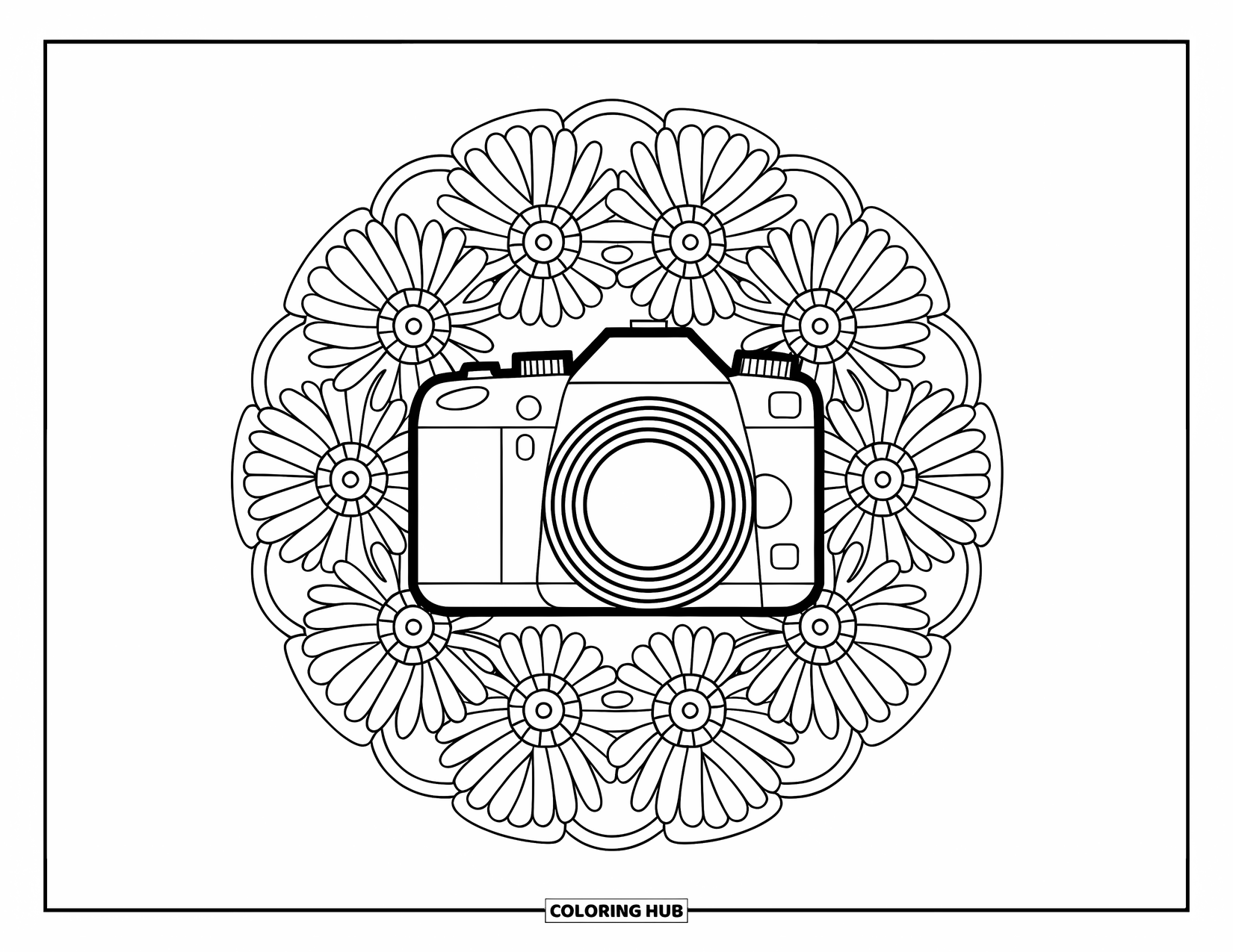 Camera Coloring Page for Adults: Sunflowers and daisies surround a DSLR camera in a circular mandala design