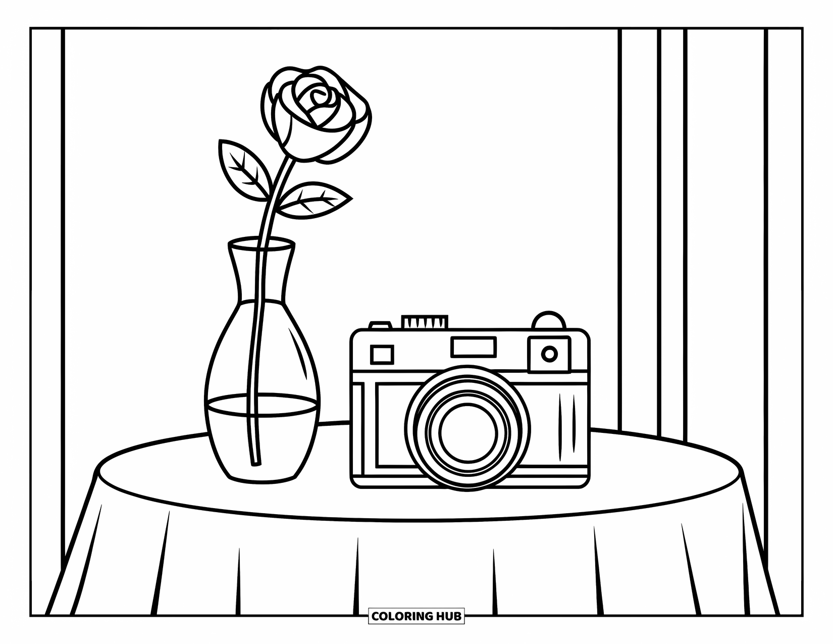Camera Coloring Page for Kids: A camera and rose vase sit on a table with a clean, playful look