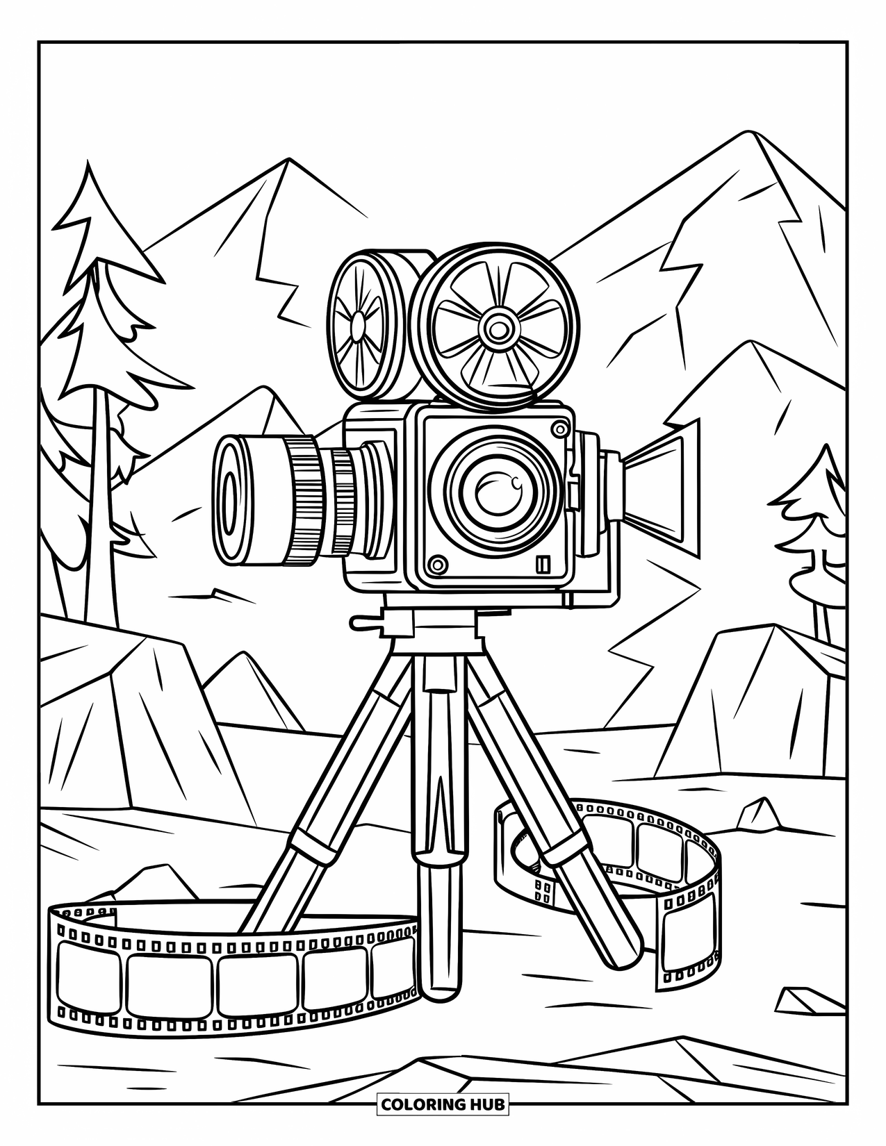 Camera Coloring Page for Kids: A camera and tripod rest on rocks with film rolls and mountain trees