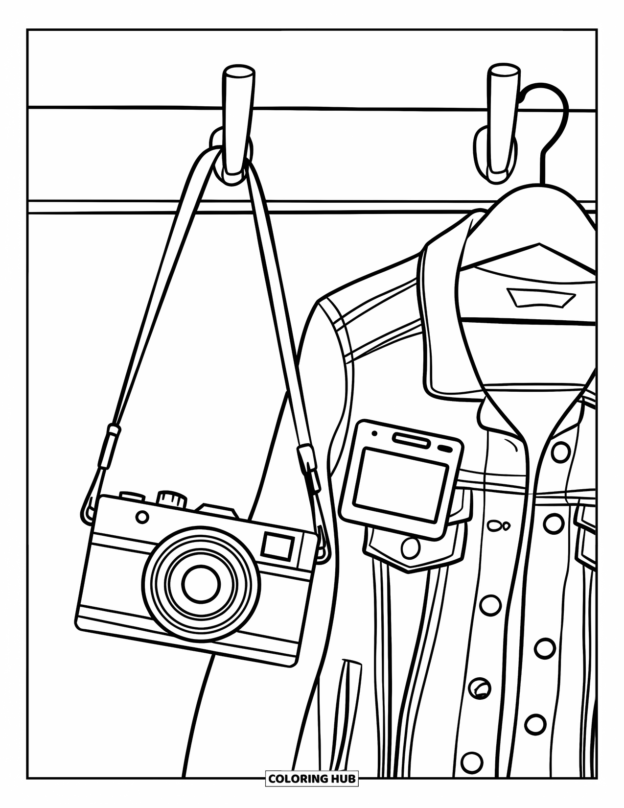 Camera Coloring Page for Kids: A camera, jacket, and music player hang neatly on a wall