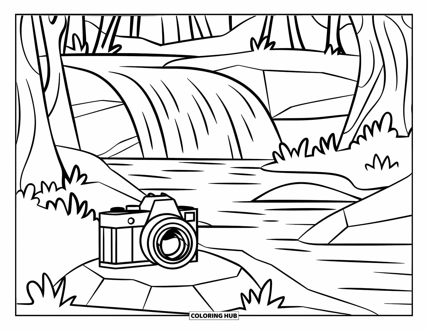 Camera Coloring Page for Kids: A camera rests on a rock near a waterfall in a peaceful trail scene
