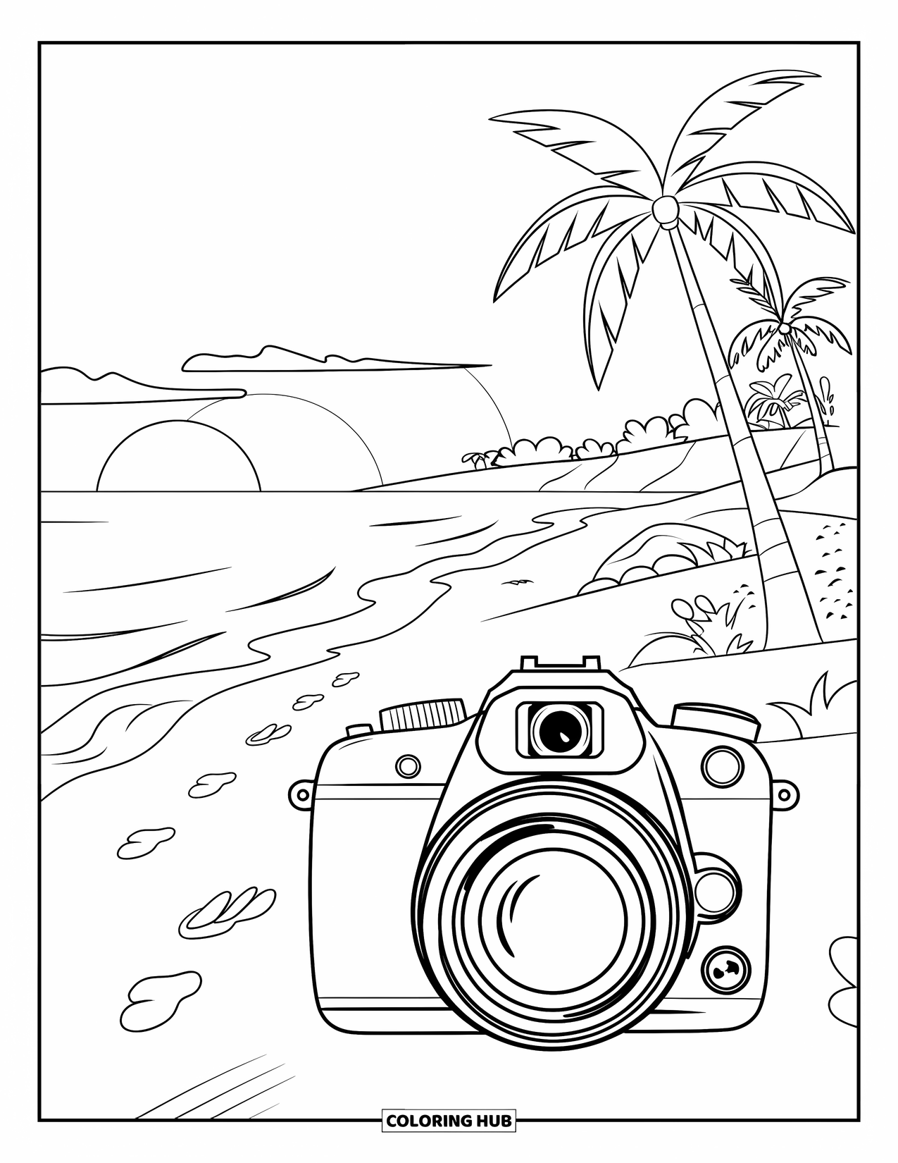 Camera Coloring Page for Kids: A DSLR camera captures a sunset on the beach with palm trees and rocks