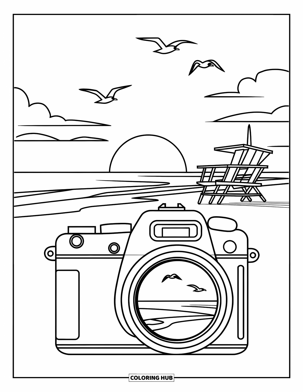 Camera Coloring Page for Kids: A DSLR captures a beach sunset near a lifeguard tower and seagulls