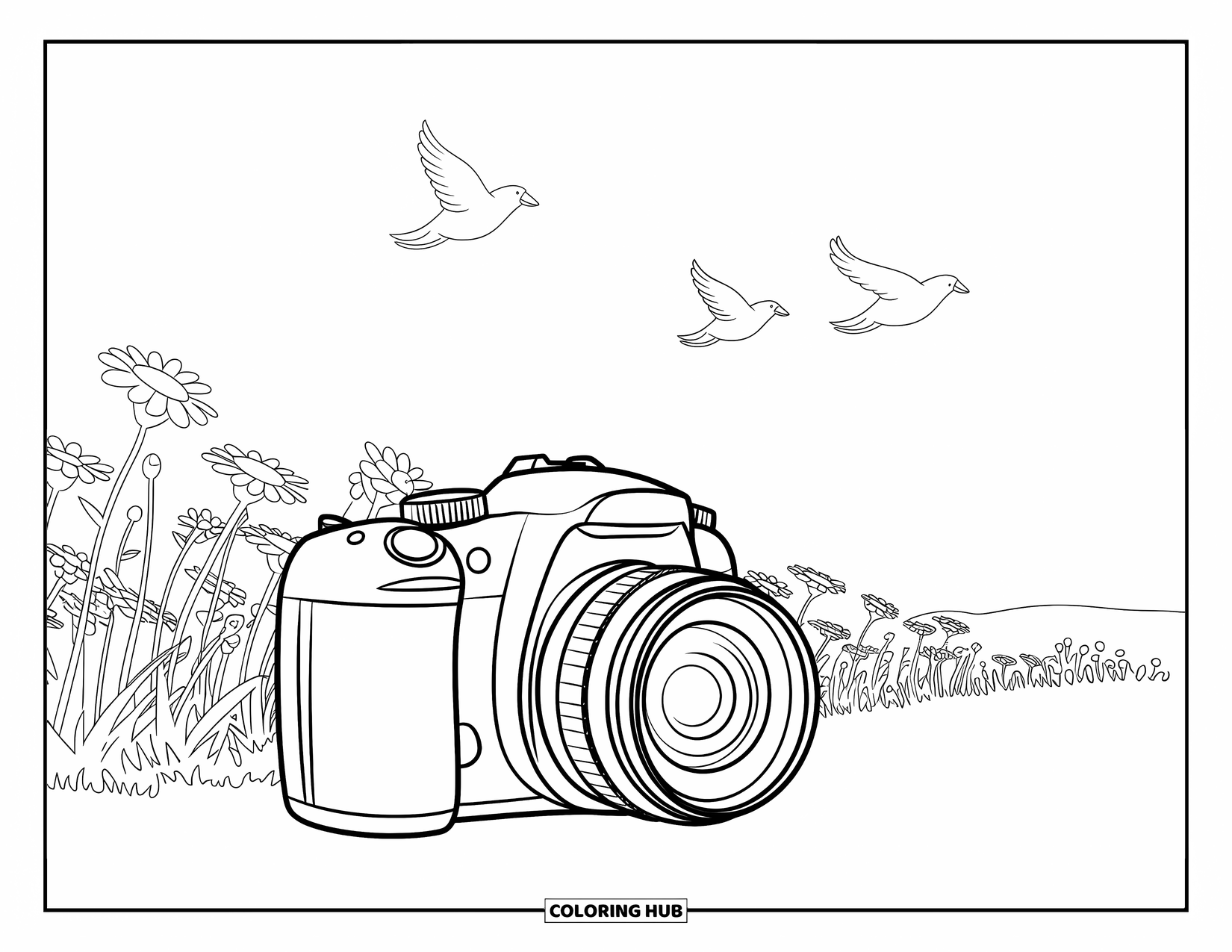Camera Coloring Page for Kids: A DSLR rests beside a flower field with birds flying above