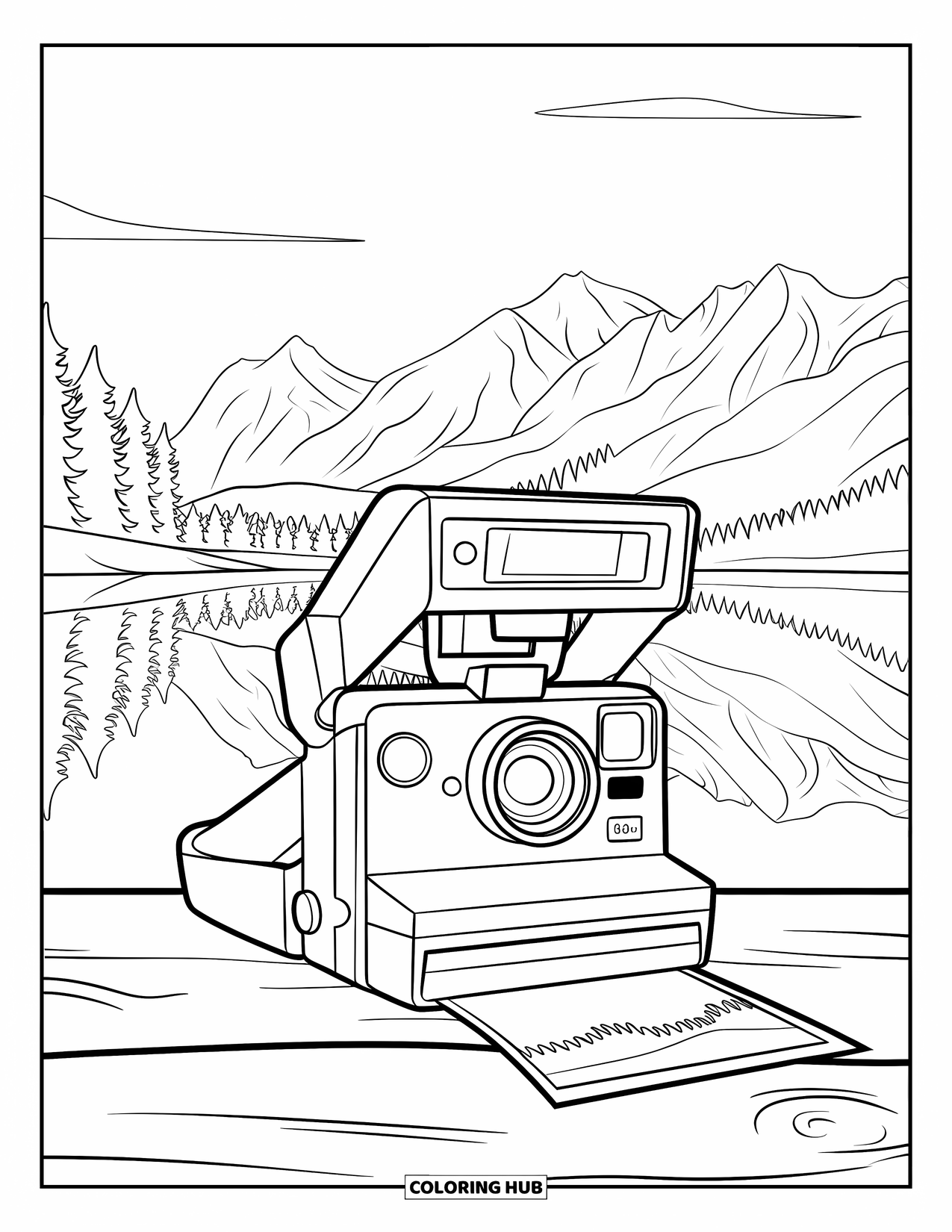 Camera Coloring Page for Kids: A polaroid camera prints a peaceful lake scene with trees and mountains