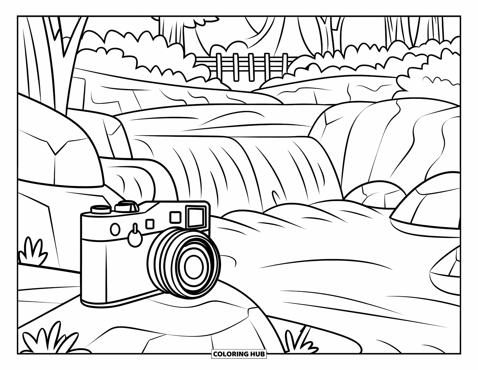 Camera Coloring Page for Kids: A quiet hike scene with a waterfall and a camera resting nearby