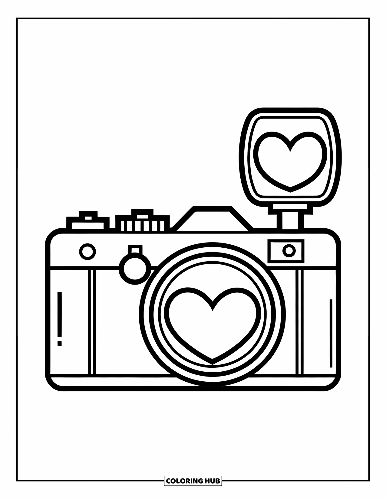 Camera Coloring Page for Kids: A retro camera has hearts on the lens and flash