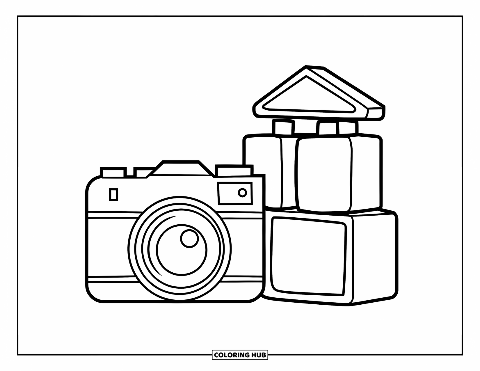 Camera Coloring Page for Kids: A toy camera sits next to stacked blocks on a blank background
