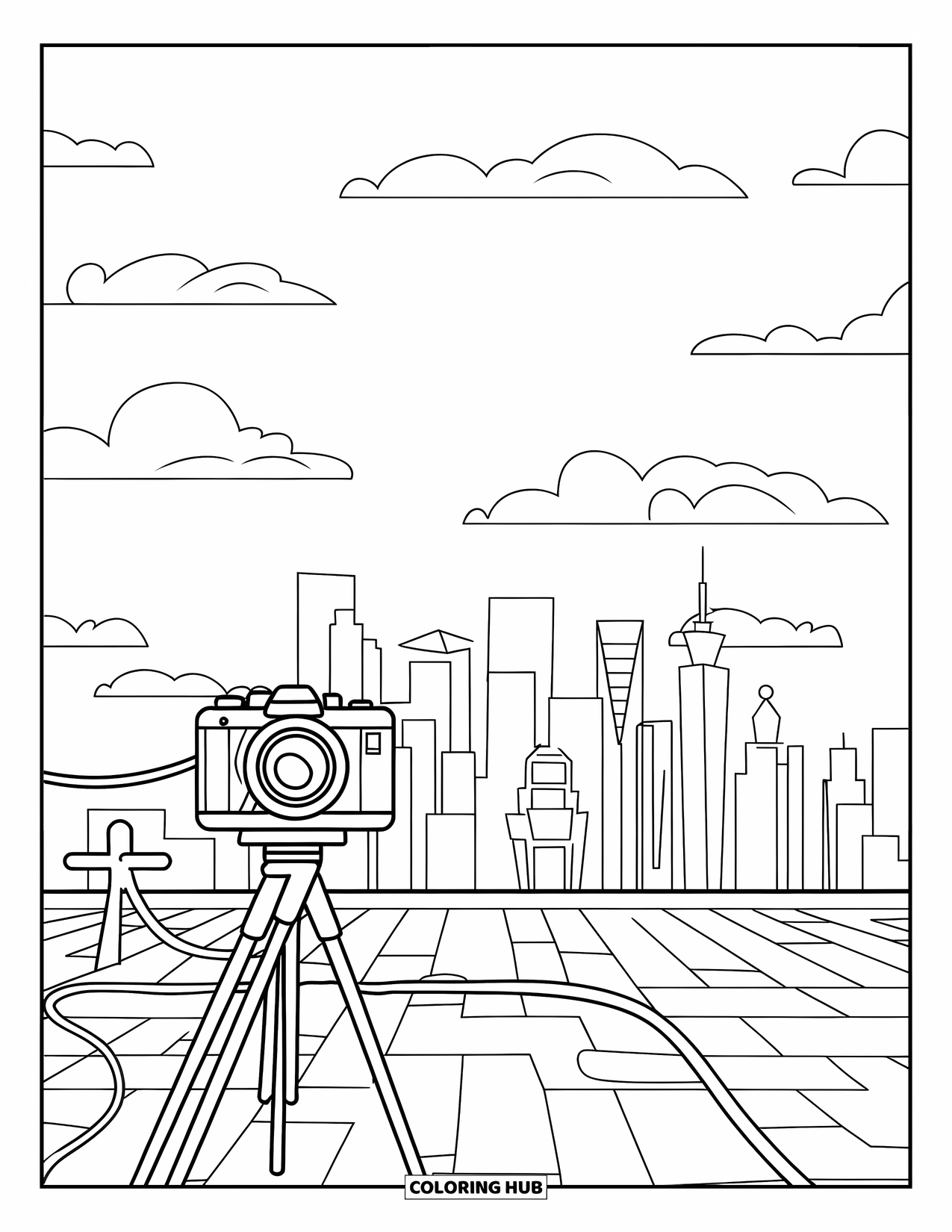 Camera Coloring Page for Kids: A tripod camera captures a city skyline under fluffy clouds
