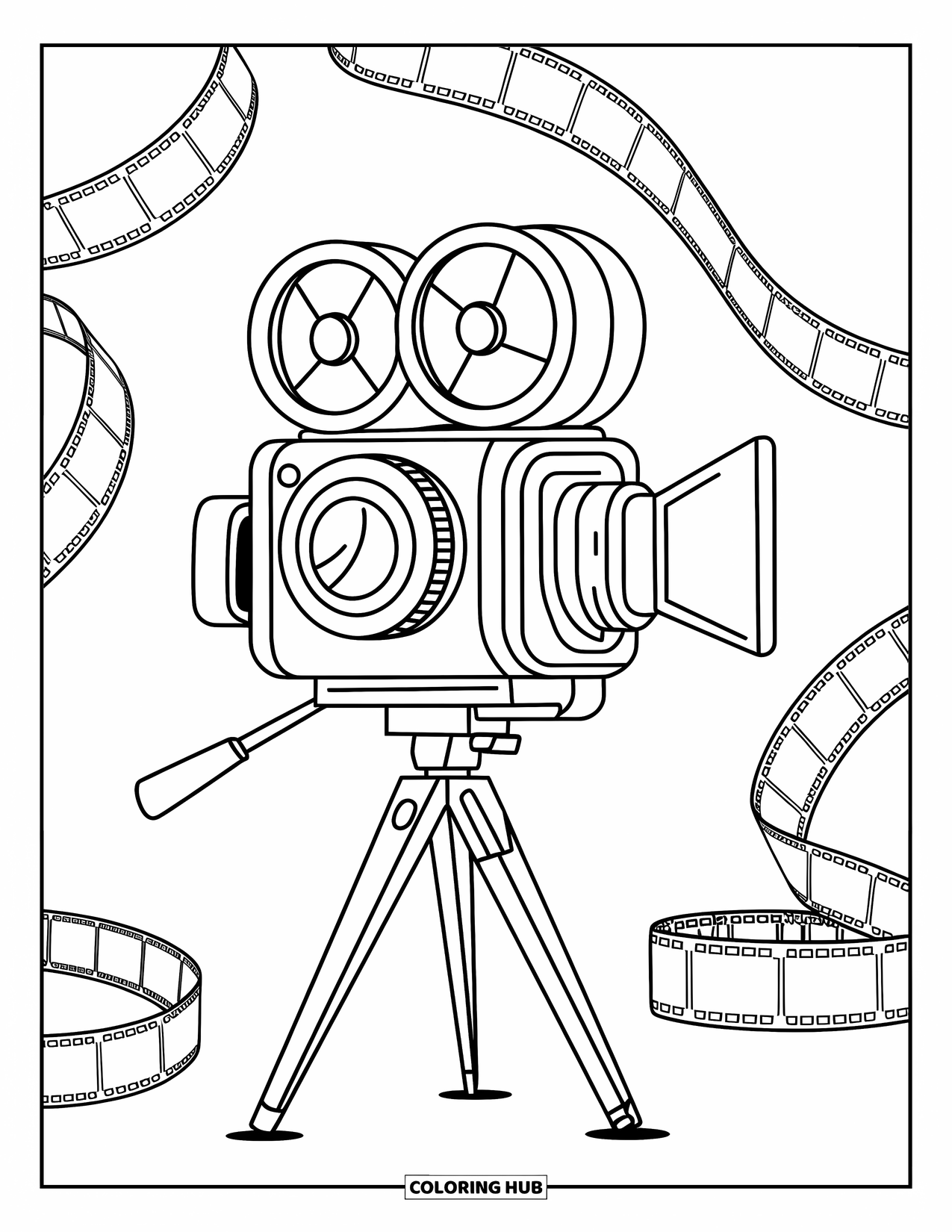 Camera Coloring Page for Kids: A twin-lens camera on a tripod is surrounded by film rolls