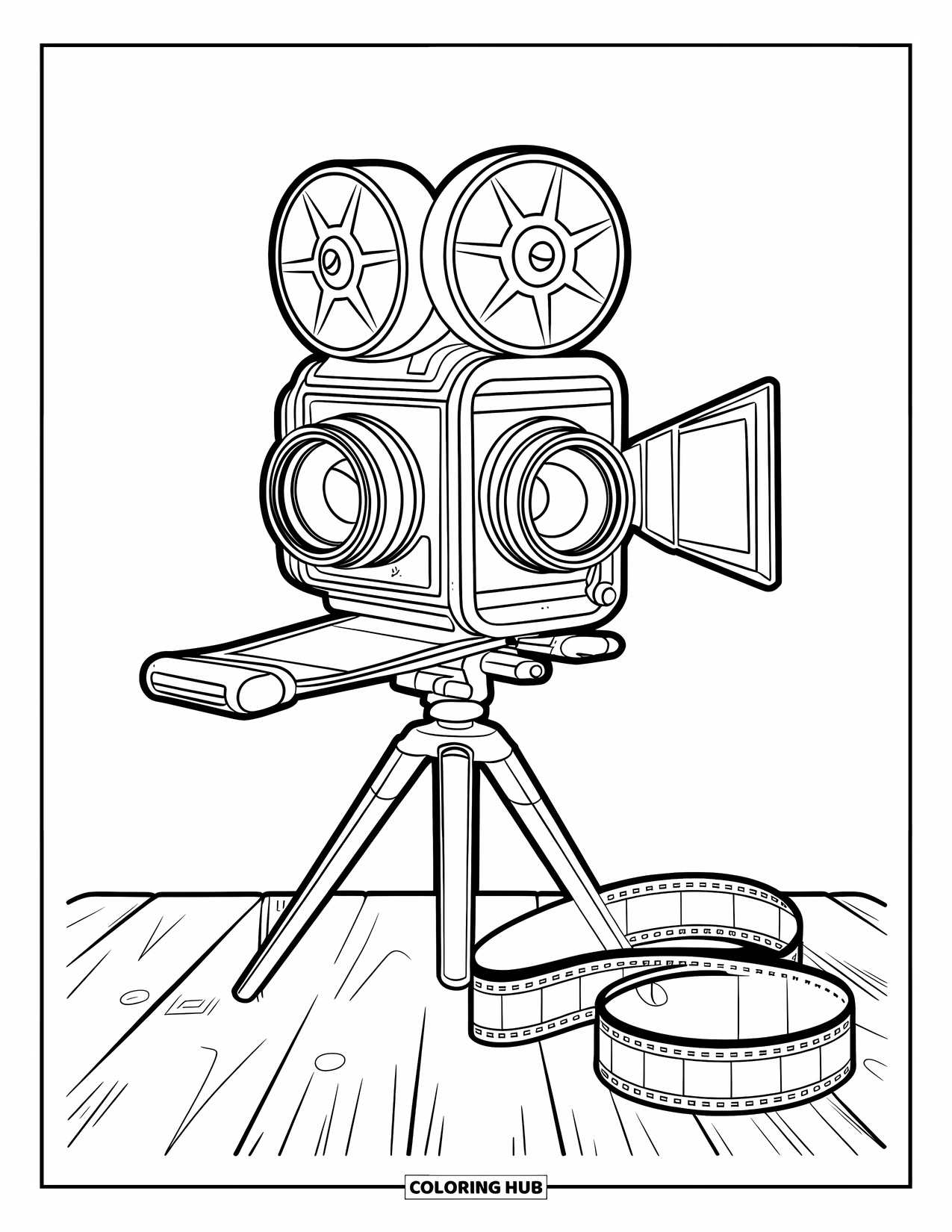 Camera Coloring Page for Kids: A twin-lens camera stands on a platform with film rolls wrapped around it