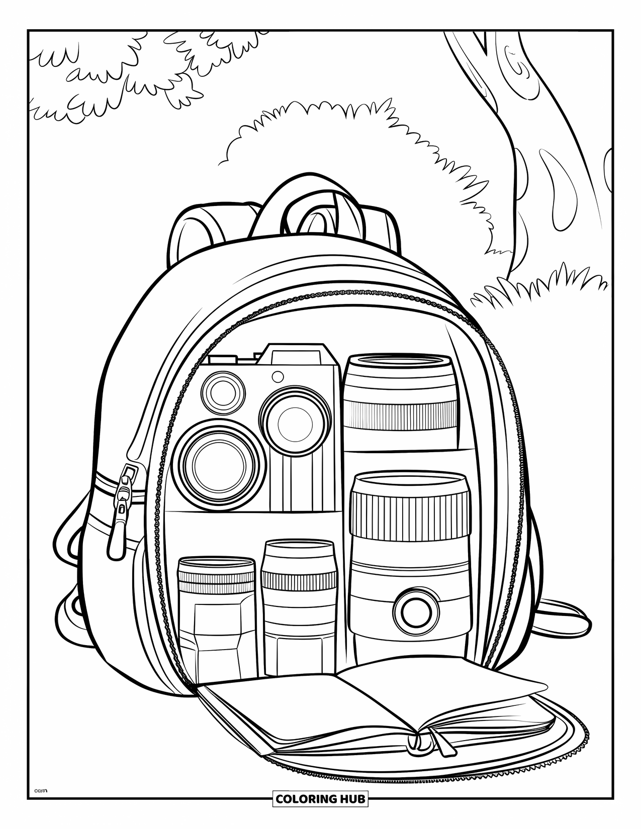 Camera Coloring Page for Kids: An open backpack reveals camera gear and a journal near a tree