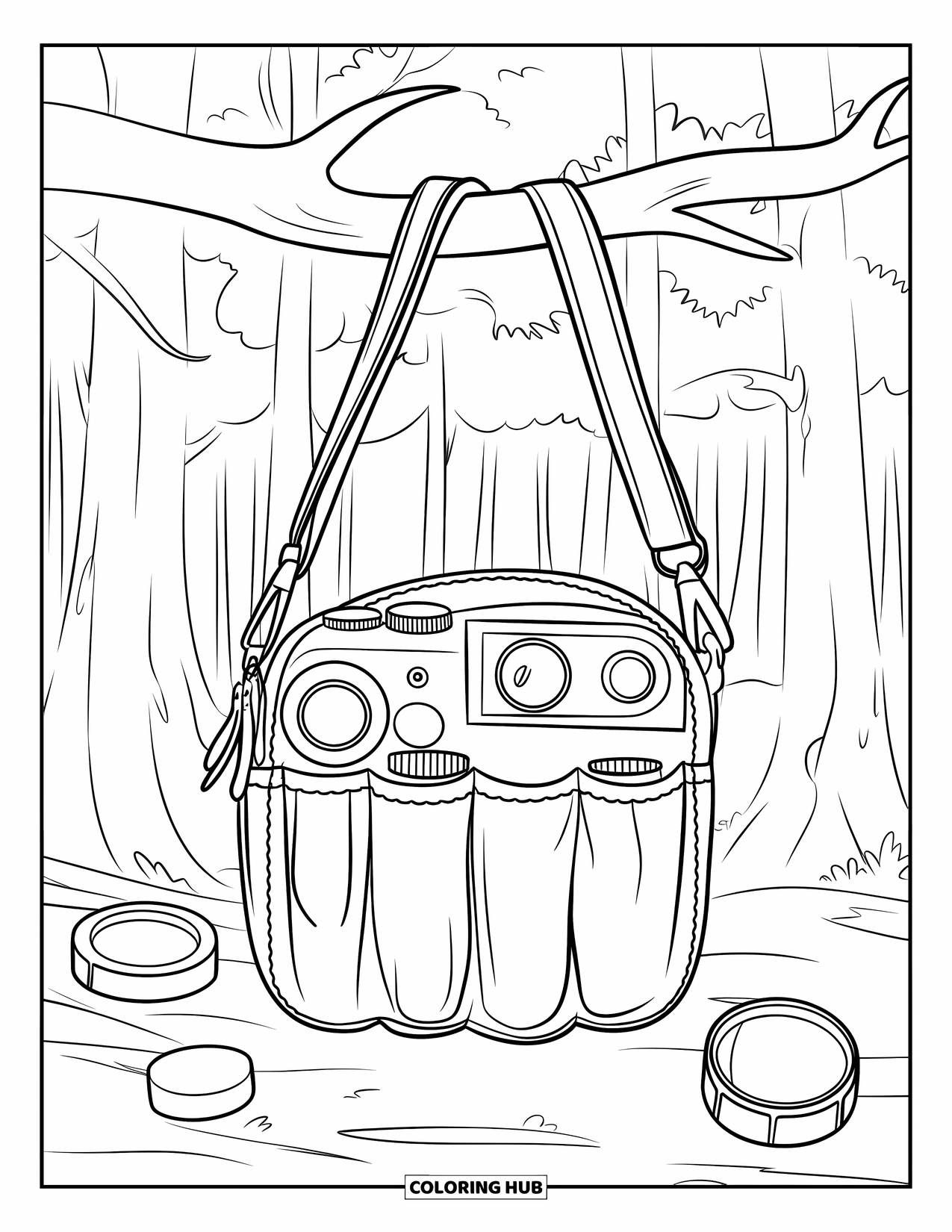 Camera Coloring Page for Kids: An open pouch with gear hangs from a tree in a quiet forest