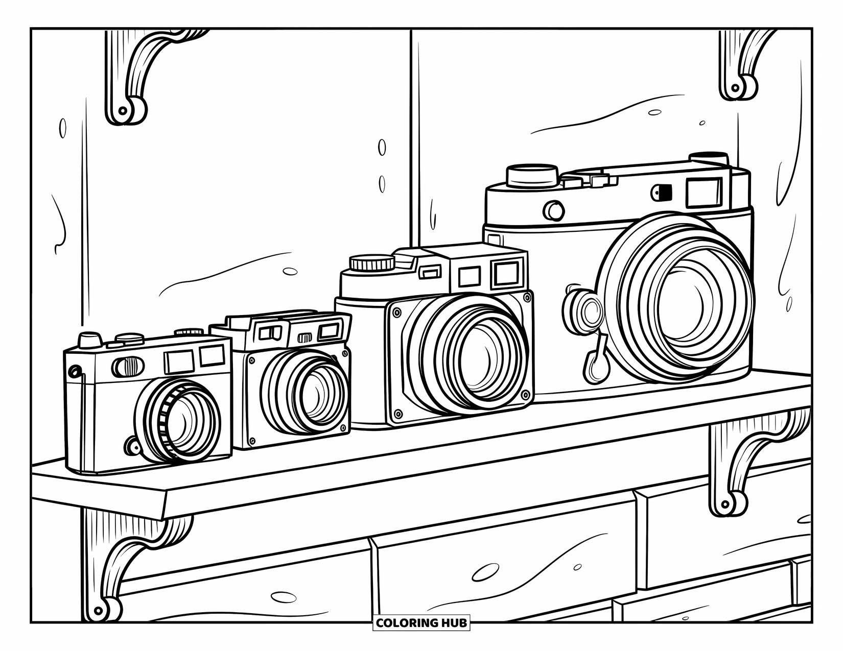 Camera Coloring Page for Kids: Three vintage cameras sit in size order on a shelf against a textured wall