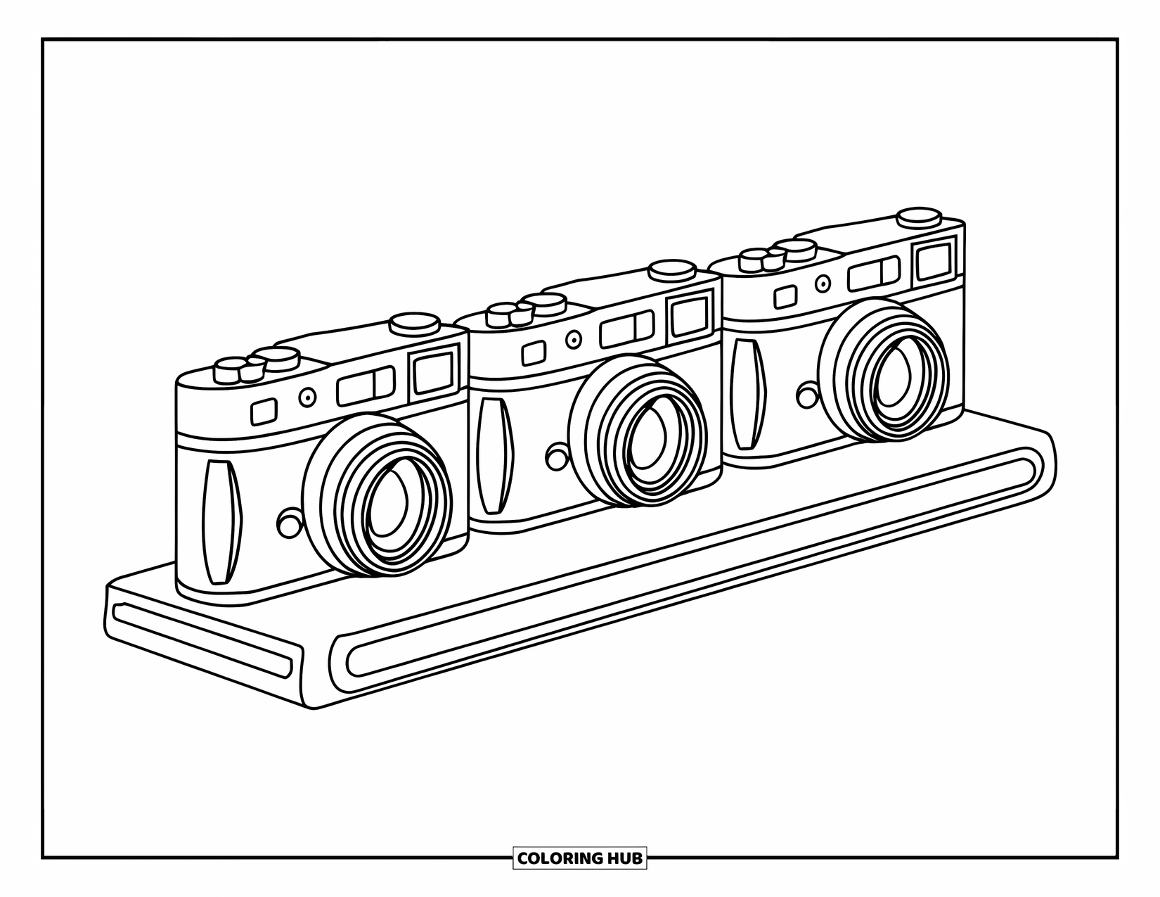 Camera Coloring Page for Kids: Three vintage cameras sit neatly on a shelf against a white wall