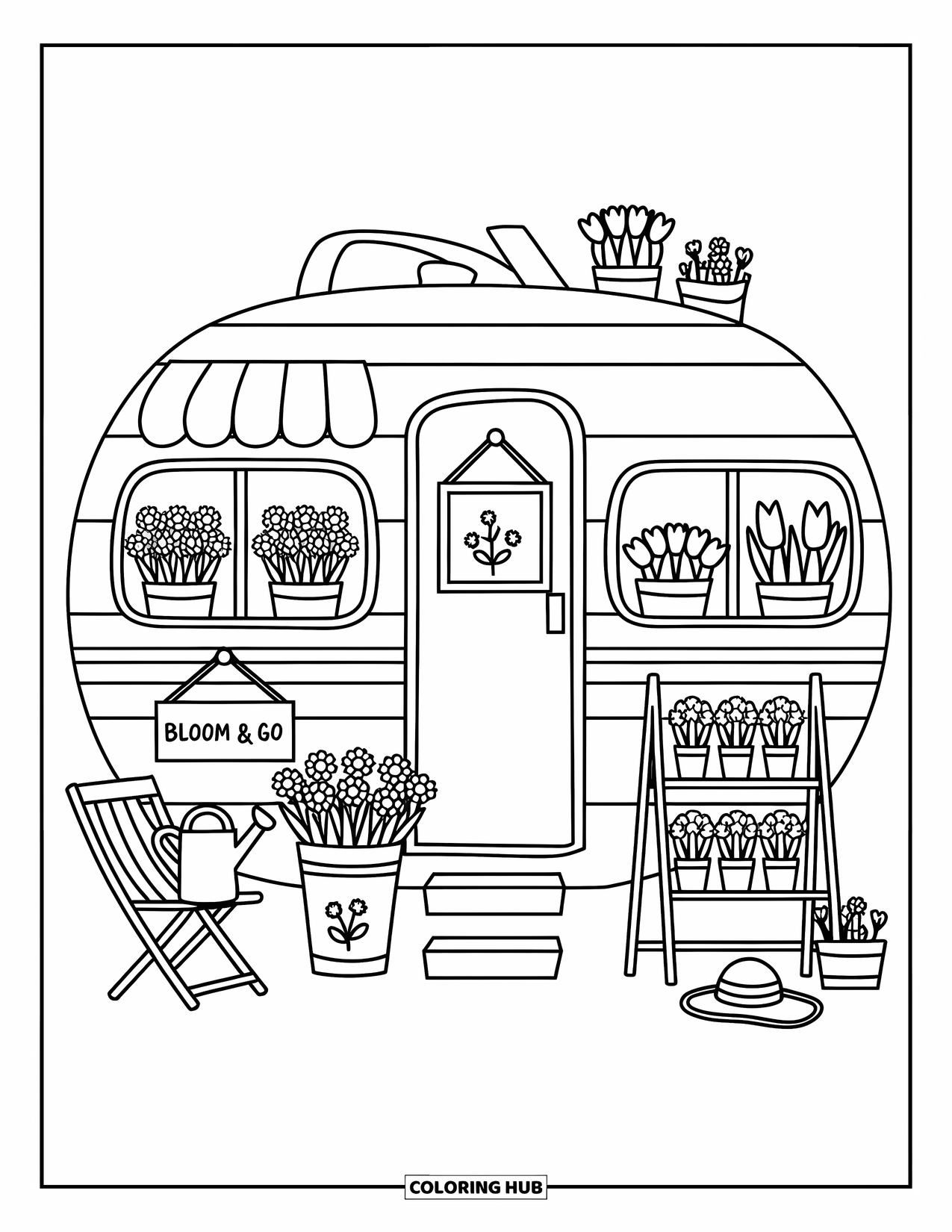 Camper Coloring Page for Adults: A "Bloom & Go" flower camper sells happy blooms in pots and wrapped bouquets
