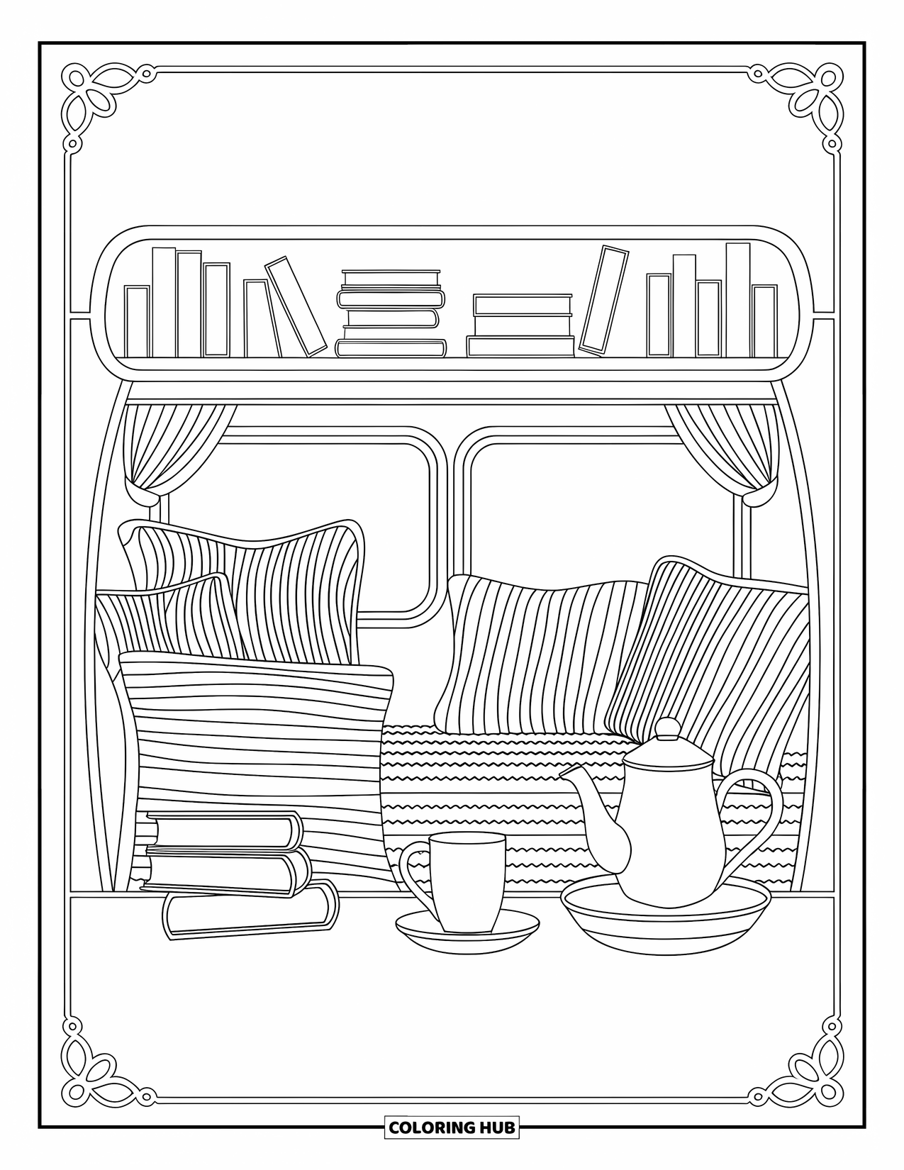 Camper Coloring Page for Adults: A camper interior filled with pillows, books, and tea offers artistic comfort