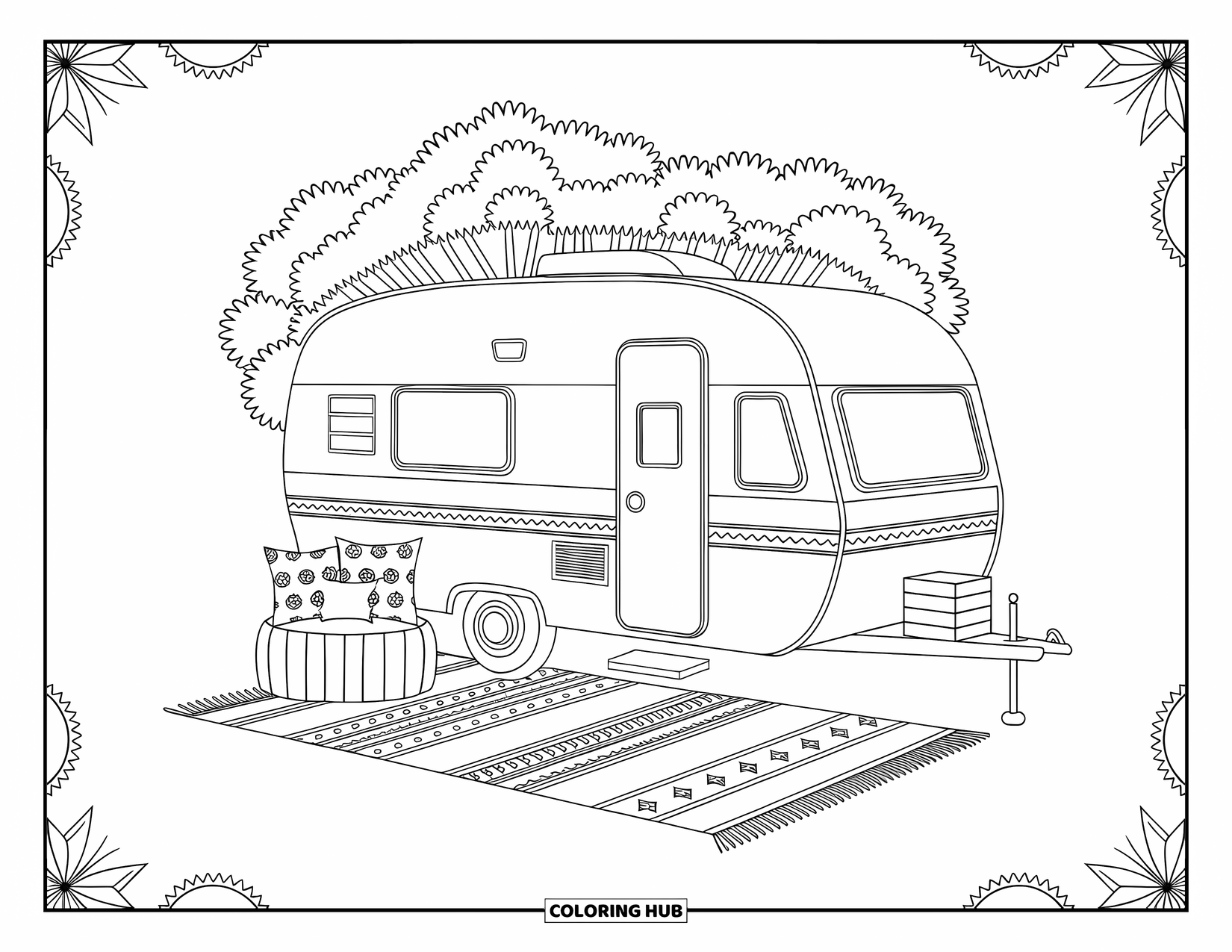 Camper Coloring Page for Adults: A camper rests under leafy trees on patterned rugs and plush cushions