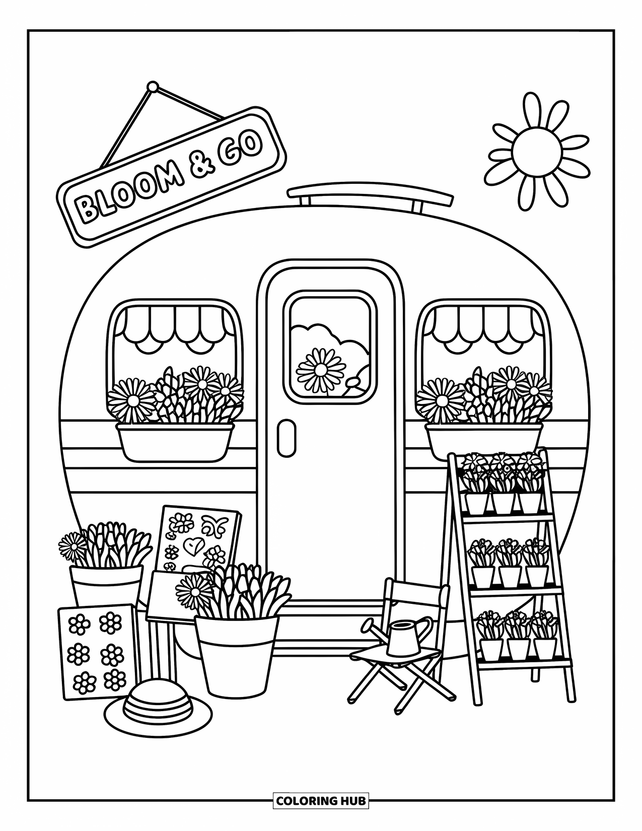 Camper Coloring Page for Adults: A cheerful camper becomes a flower shop with buckets, bouquets, and garden signs