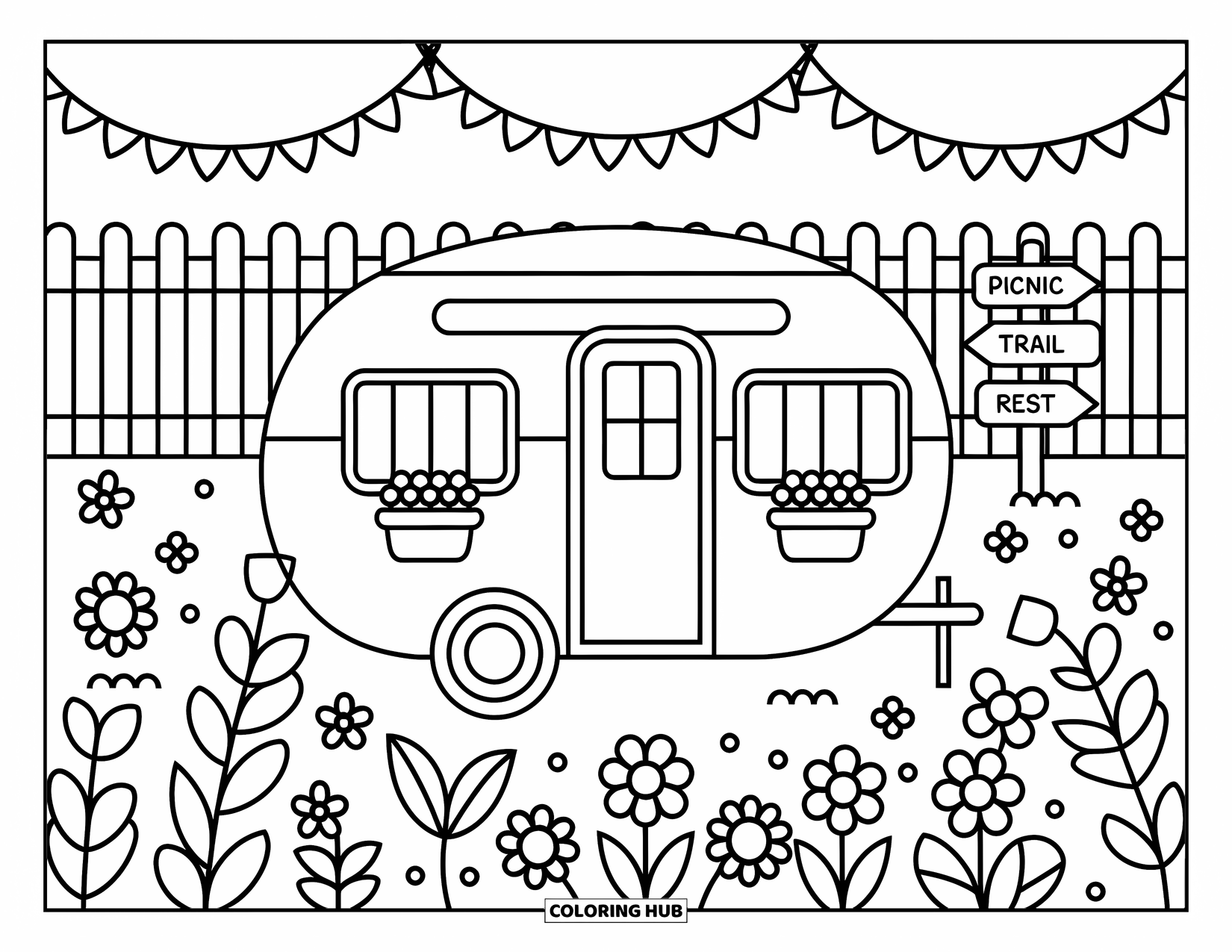 Camper Coloring Page for Adults: A cozy camper rests in a blooming field with a signpost pointing to picnic spots