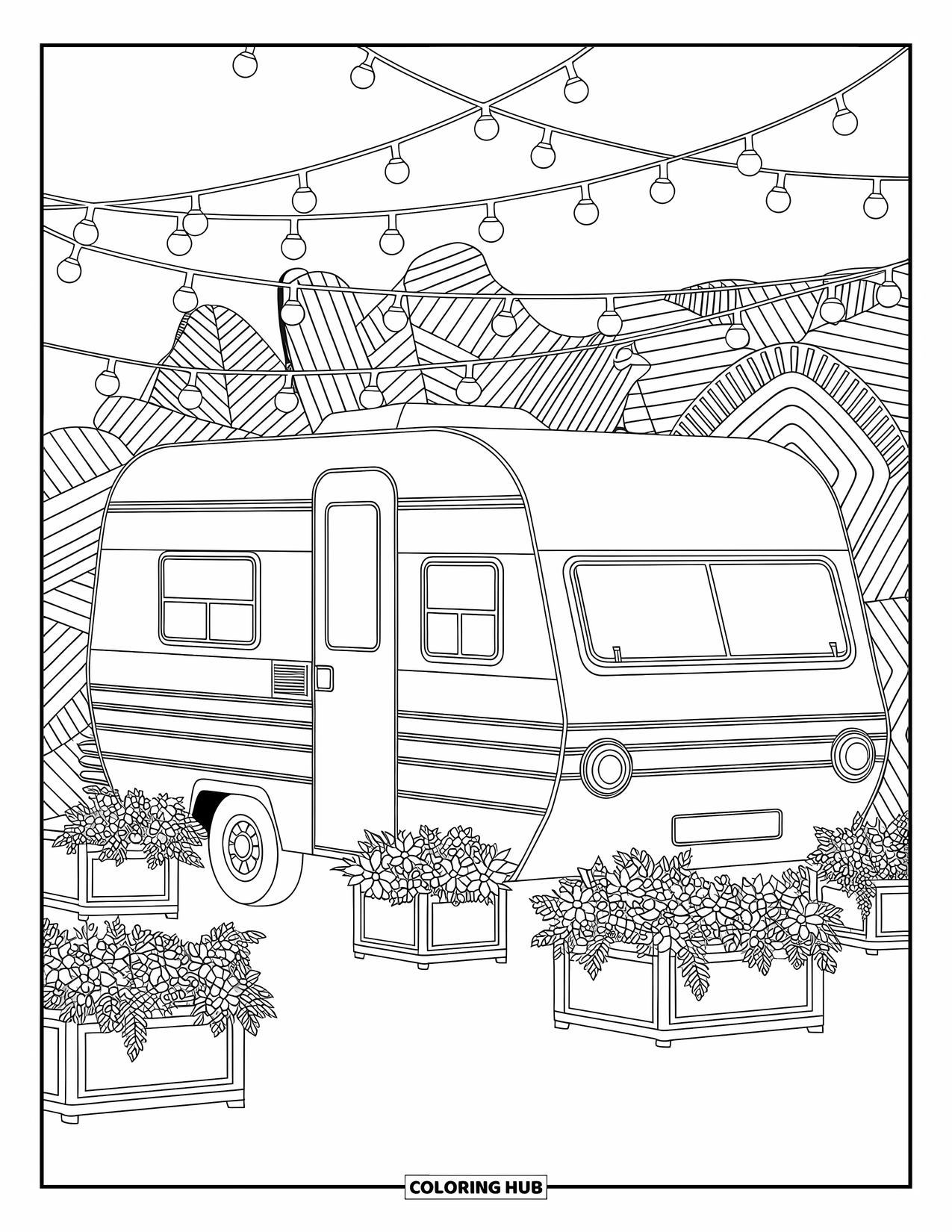 Camper Coloring Page for Adults: A glowing camper rests under string lights and lush, patterned planters