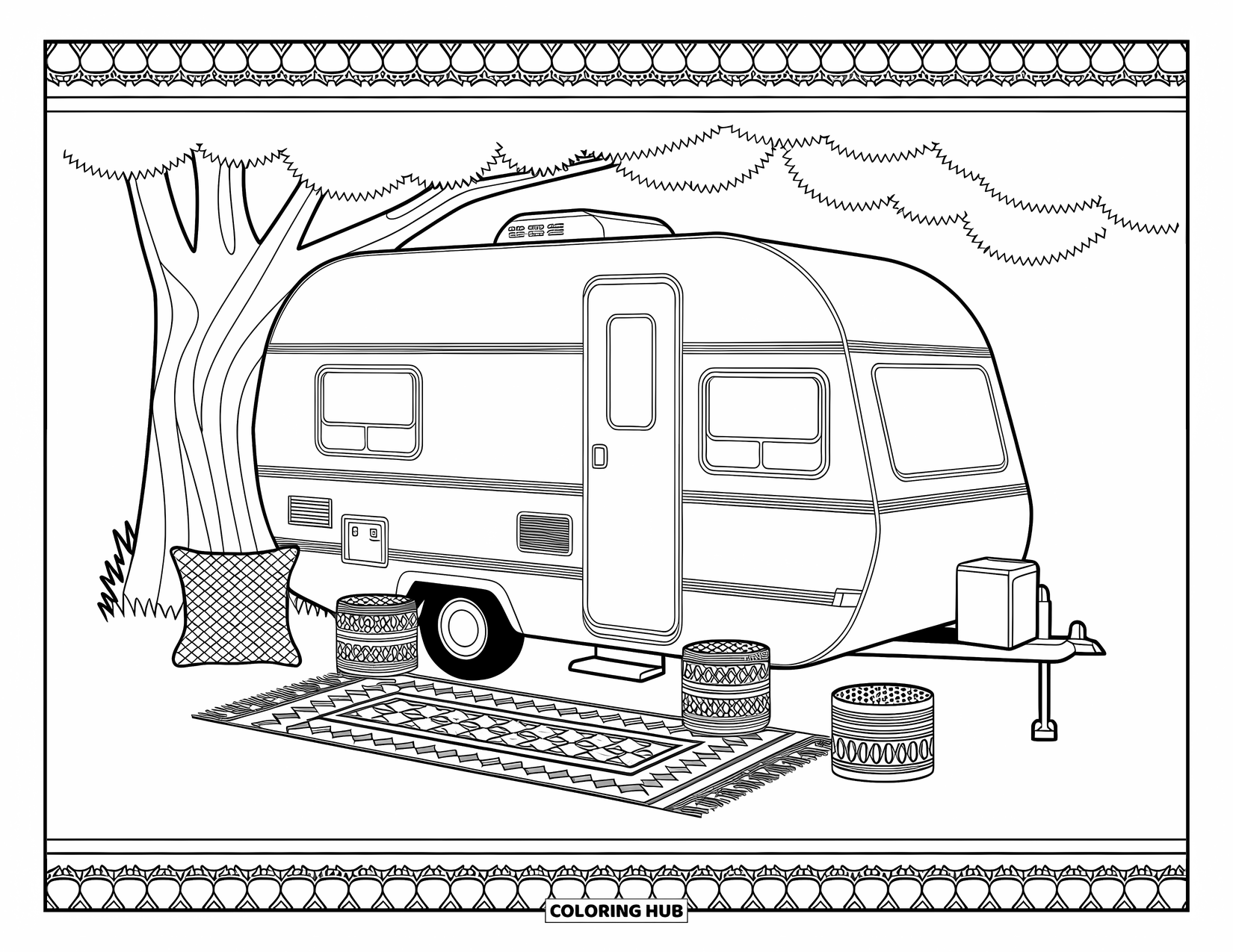 Camper Coloring Page for Adults: A quiet canopy shelters a cozy camper with detailed textures and artistic decor