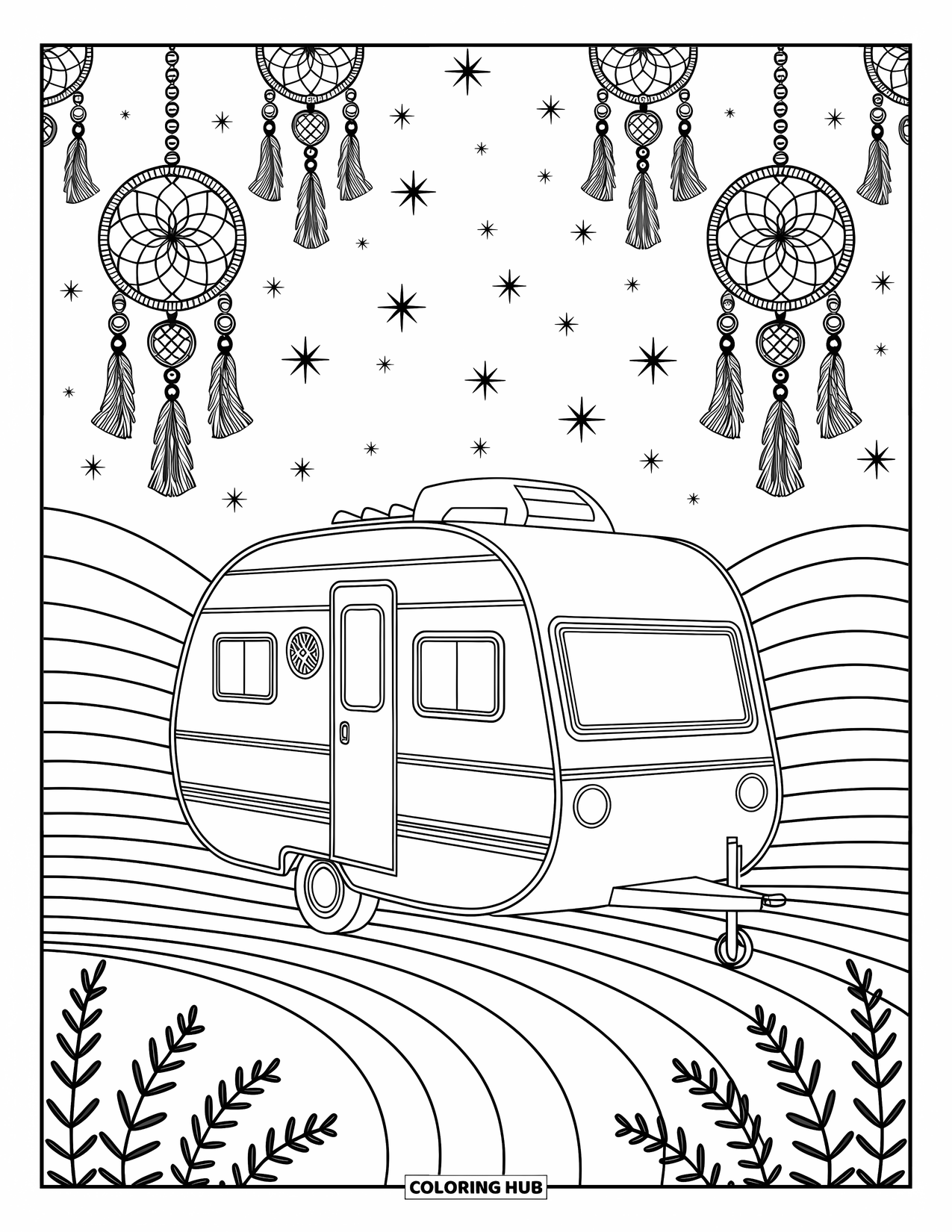 Camper Coloring Page for Adults: A serene camper with boho accents sits under a sky of swirling, decorative motifs