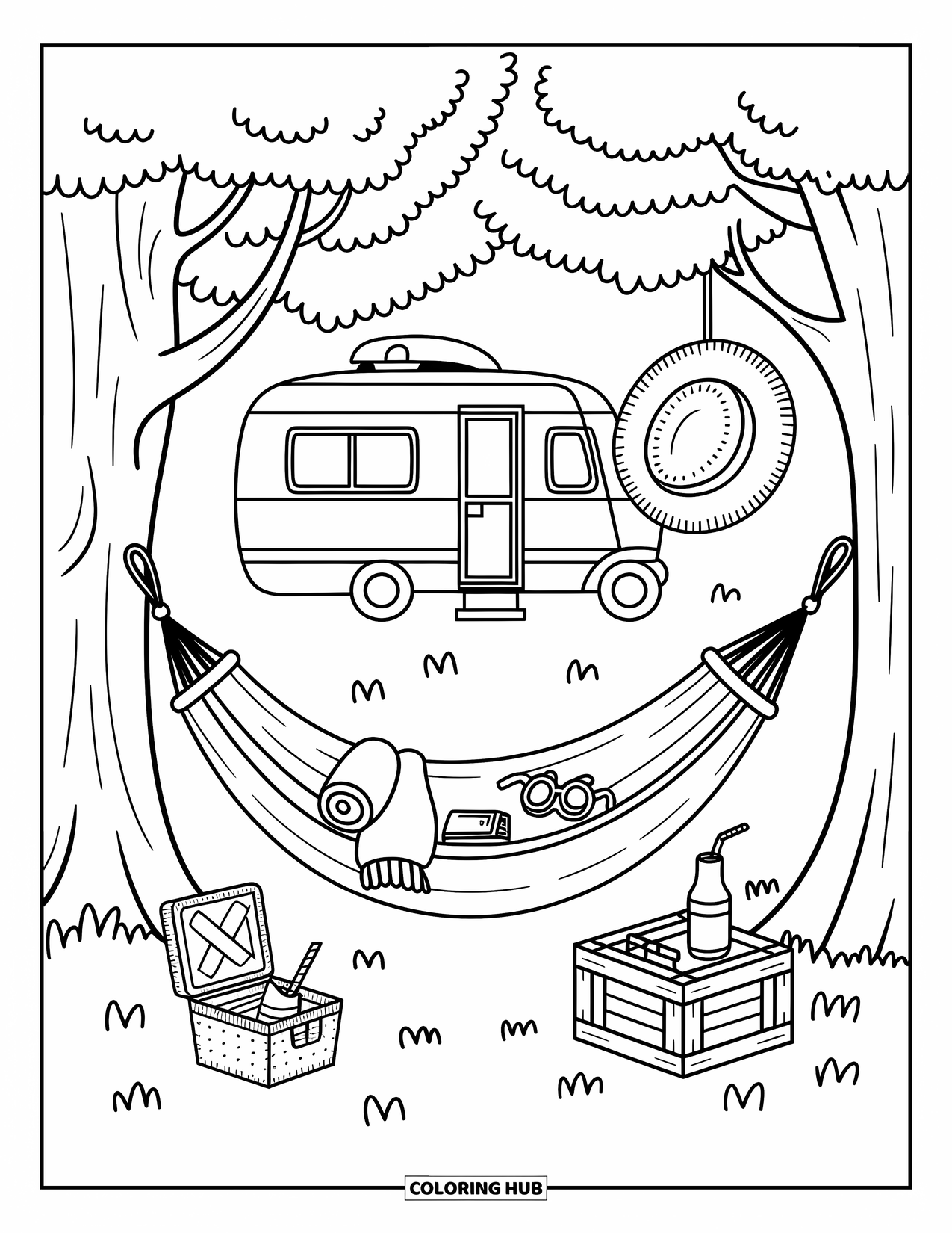 Camper Coloring Page for Adults: A straw hat swings near a hammock and camper in a quiet woodland retreat