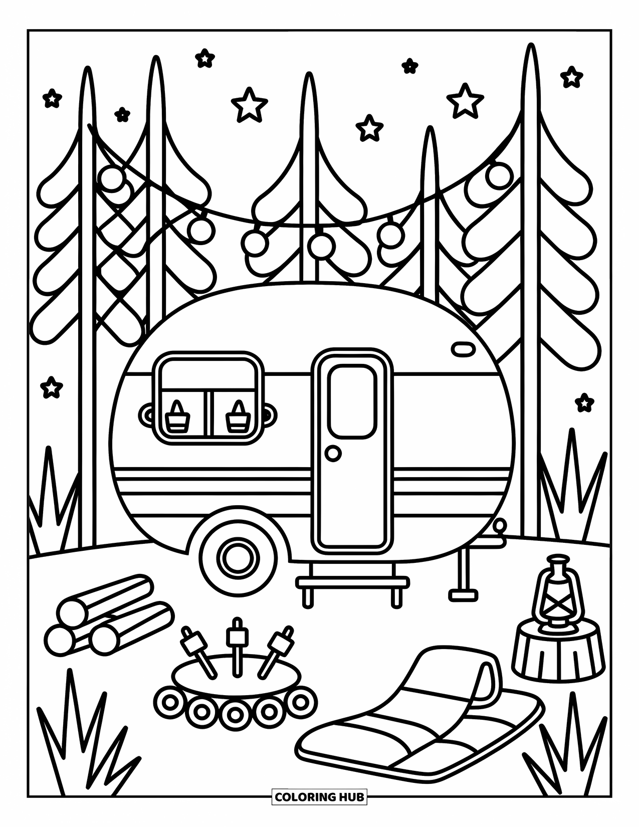 Camper Coloring Page for Adults: A tiny camper under the stars is surrounded by logs, lights, and soft campfire vibes