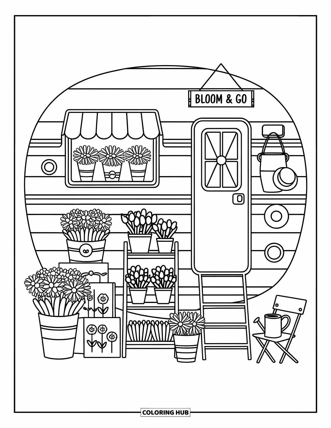 Camper Coloring Page for Adults: A tiny flower shop on wheels welcomes with daisies, watering cans, and cozy charm