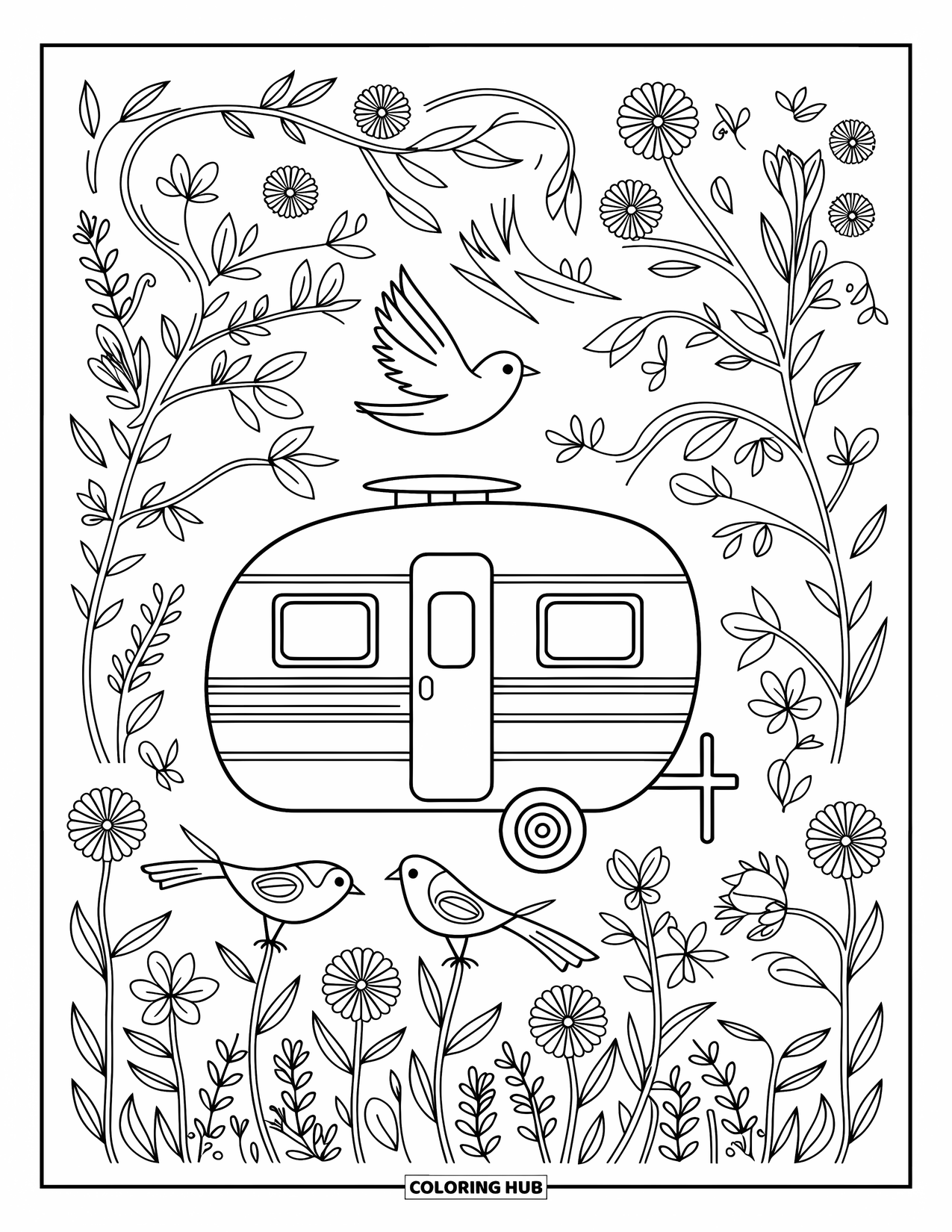 Camper Coloring Page for Adults: Birds and flowers flutter around a camper set in a peaceful field of intricate designs