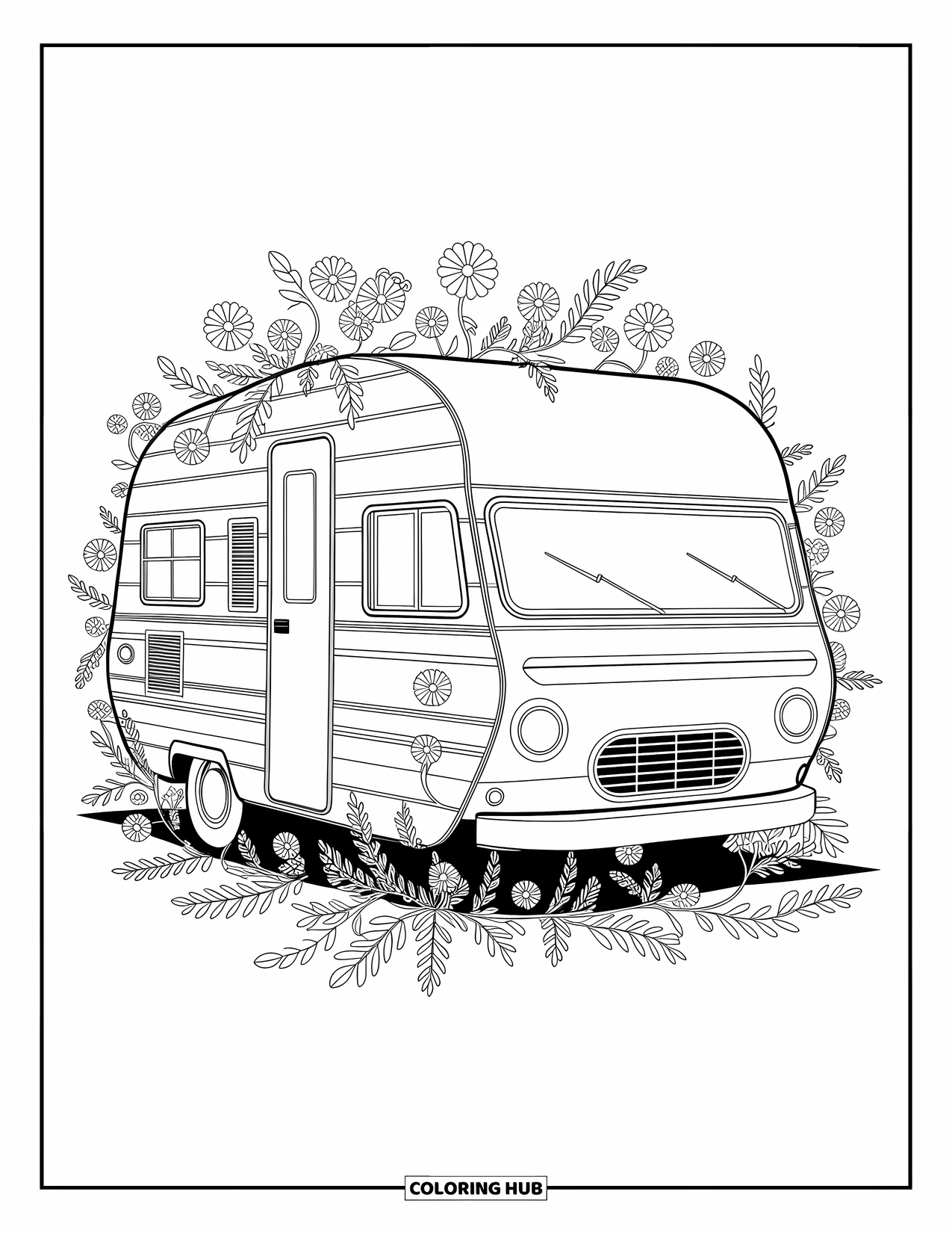 Camper Coloring Page for Adults: Delicate wildflowers and whimsical swirls adorn a vintage camper design