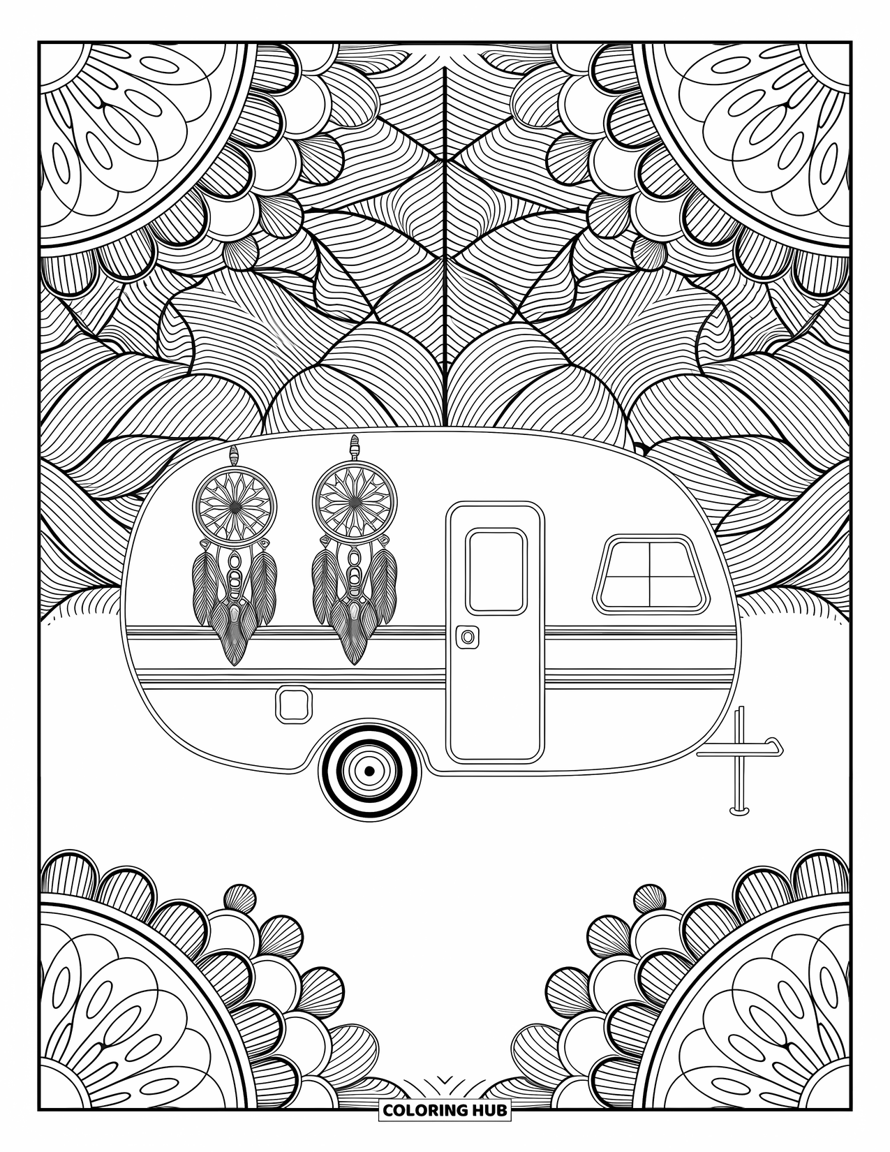 Camper Coloring Page for Adults: Dreamcatchers and macramé hang on a boho camper amid swirling patterns