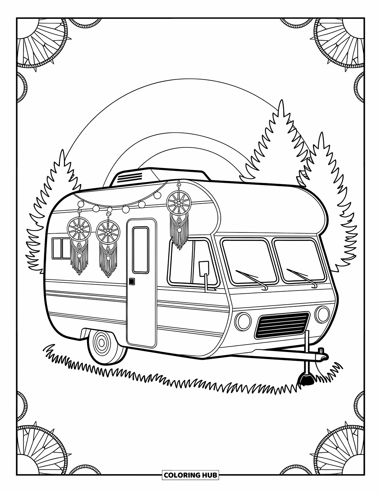 Camper Coloring Page for Adults: Dreamy patterns surround a camper with flowing macramé and soft dreamcatchers