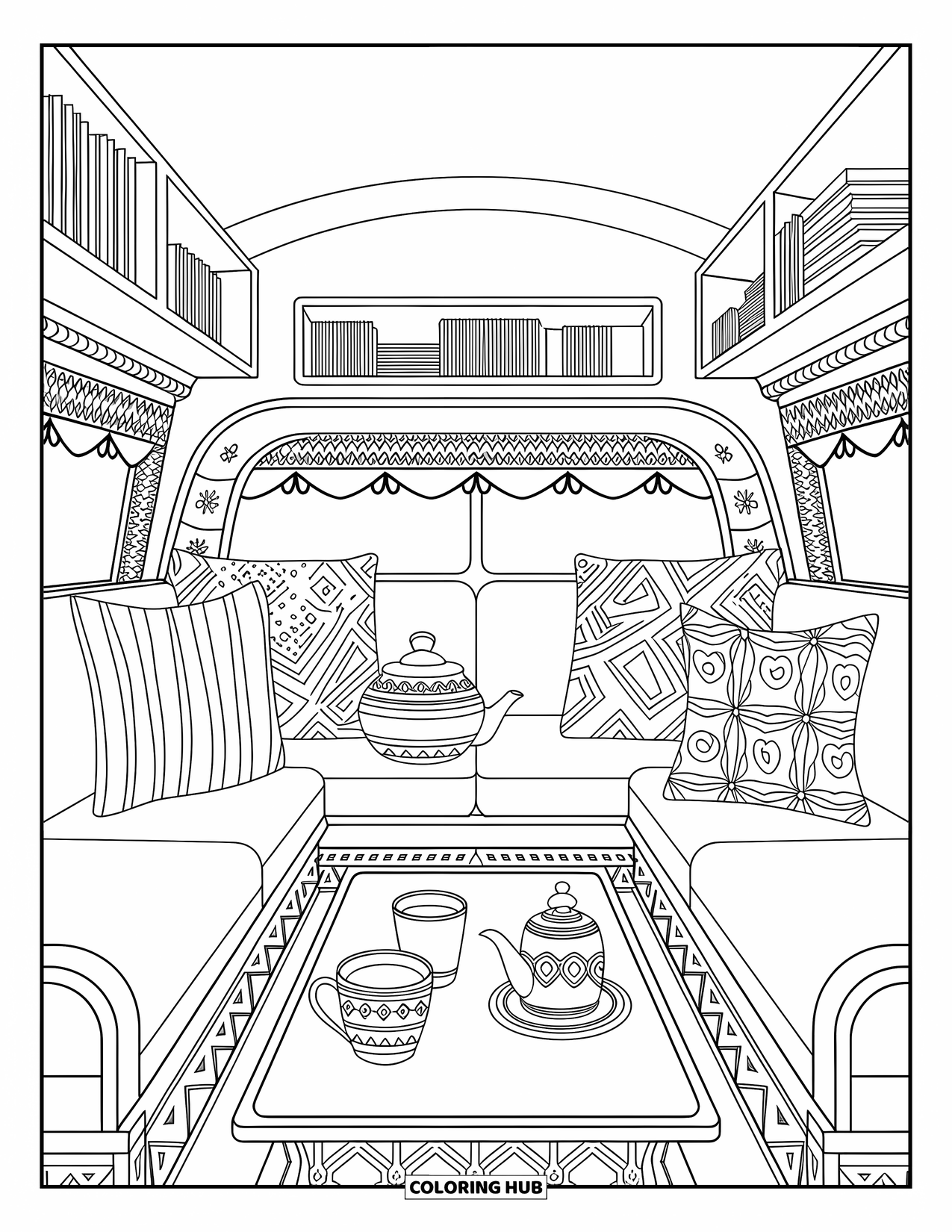 Camper Coloring Page for Adults: Inside a camper, bookshelves, pillows, and a tea set invite quiet relaxation