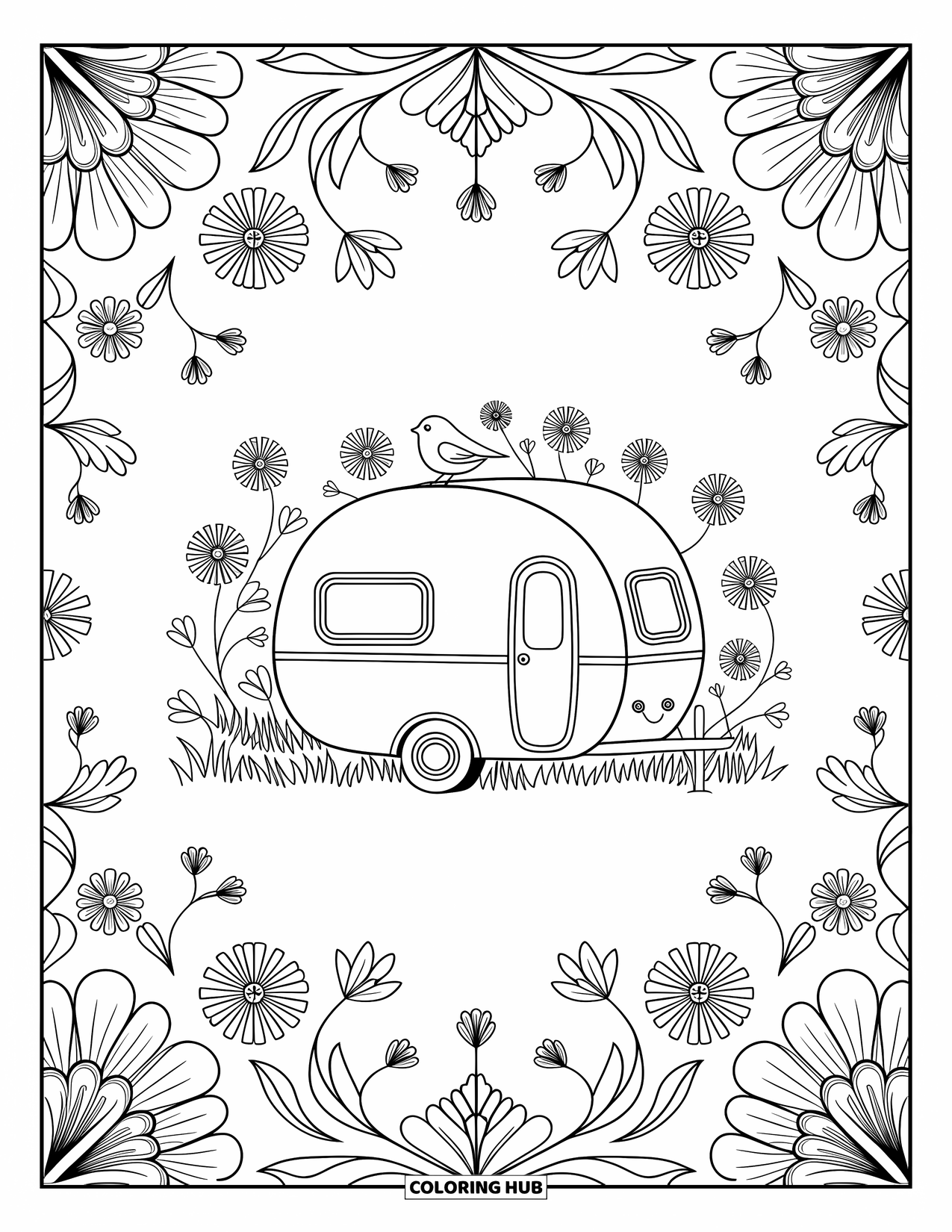 Camper Coloring Page for Adults: Meadow blooms and graceful birds frame a camper with elegant, crisp patterns