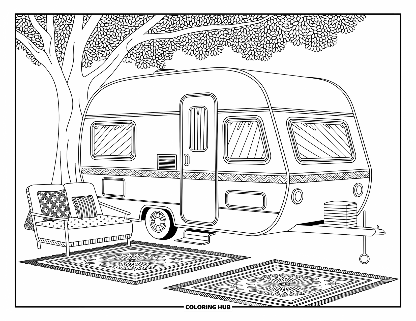 Camper Coloring Page for Adults: Patterned pillows and rugs decorate a camper tucked beneath a tree canopy