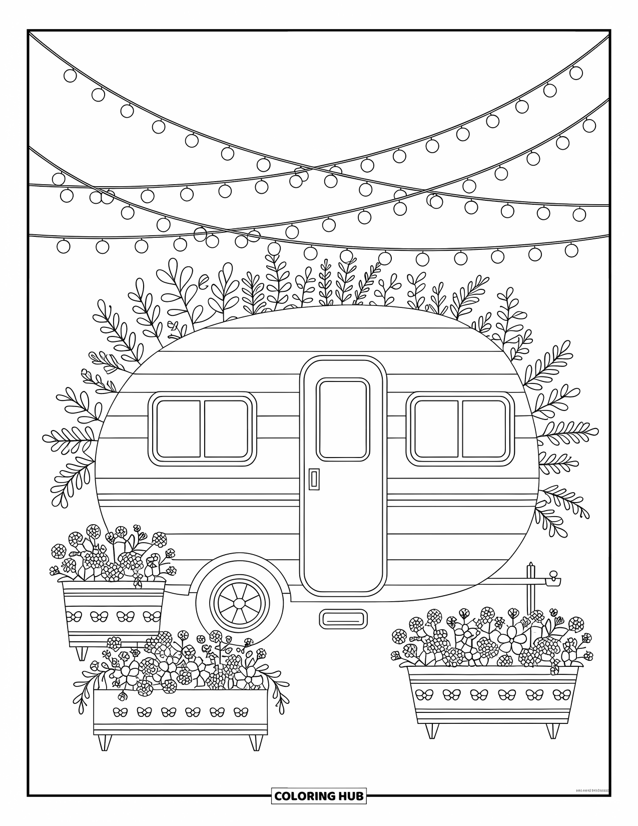 Camper Coloring Page for Adults: Planters and string lights create a peaceful oasis around a cozy camper