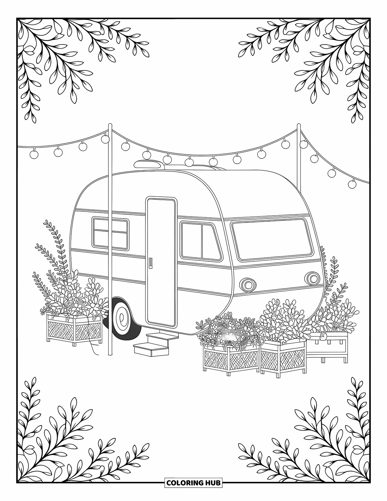 Camper Coloring Page for Adults: Soft string lights twinkle over a camper surrounded by elegant potted plants