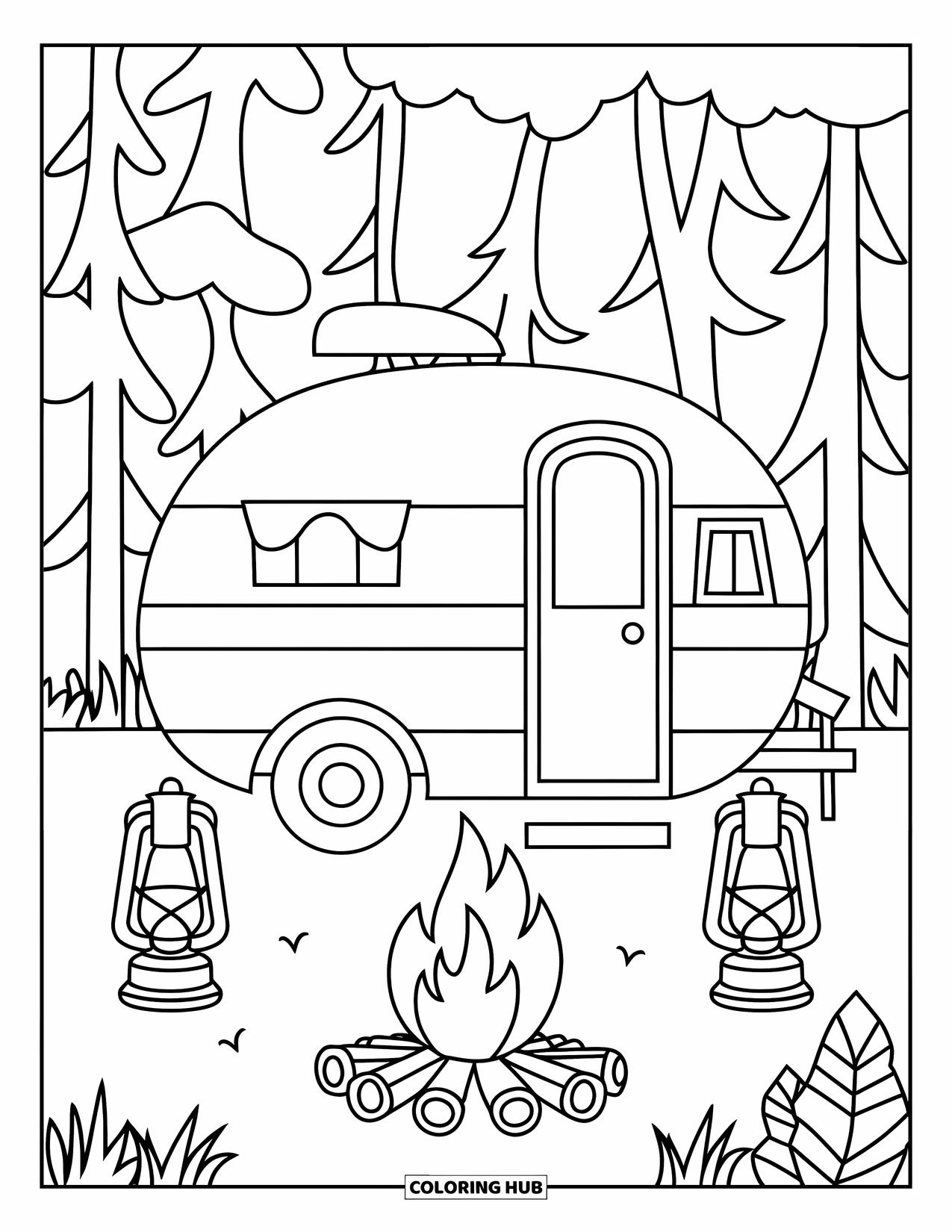 Camper Coloring Page for Kids: A camper and campfire rest under the trees with roasting sticks nearby