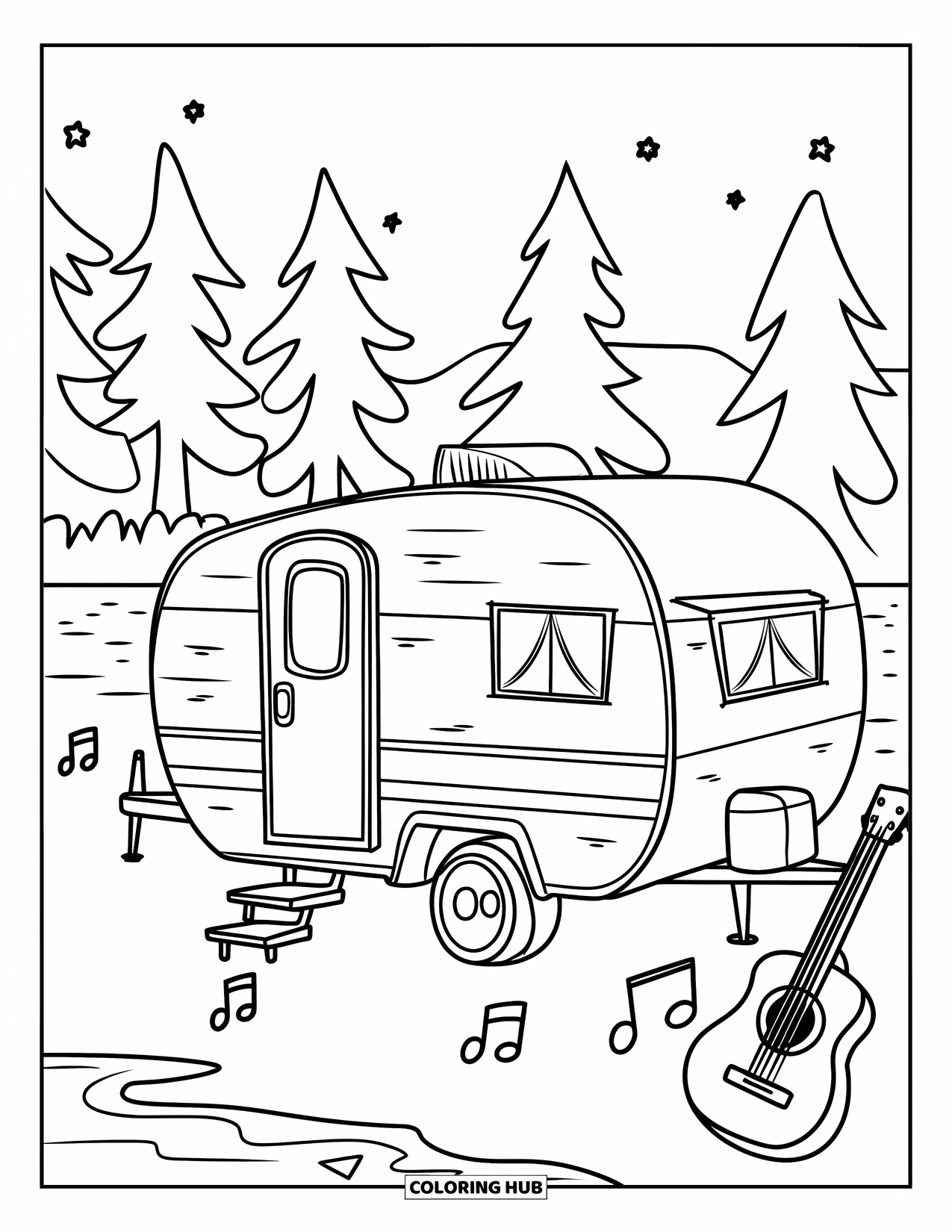 Camper Coloring Page for Kids: A camper by the lake plays soft tunes from a nearby guitar