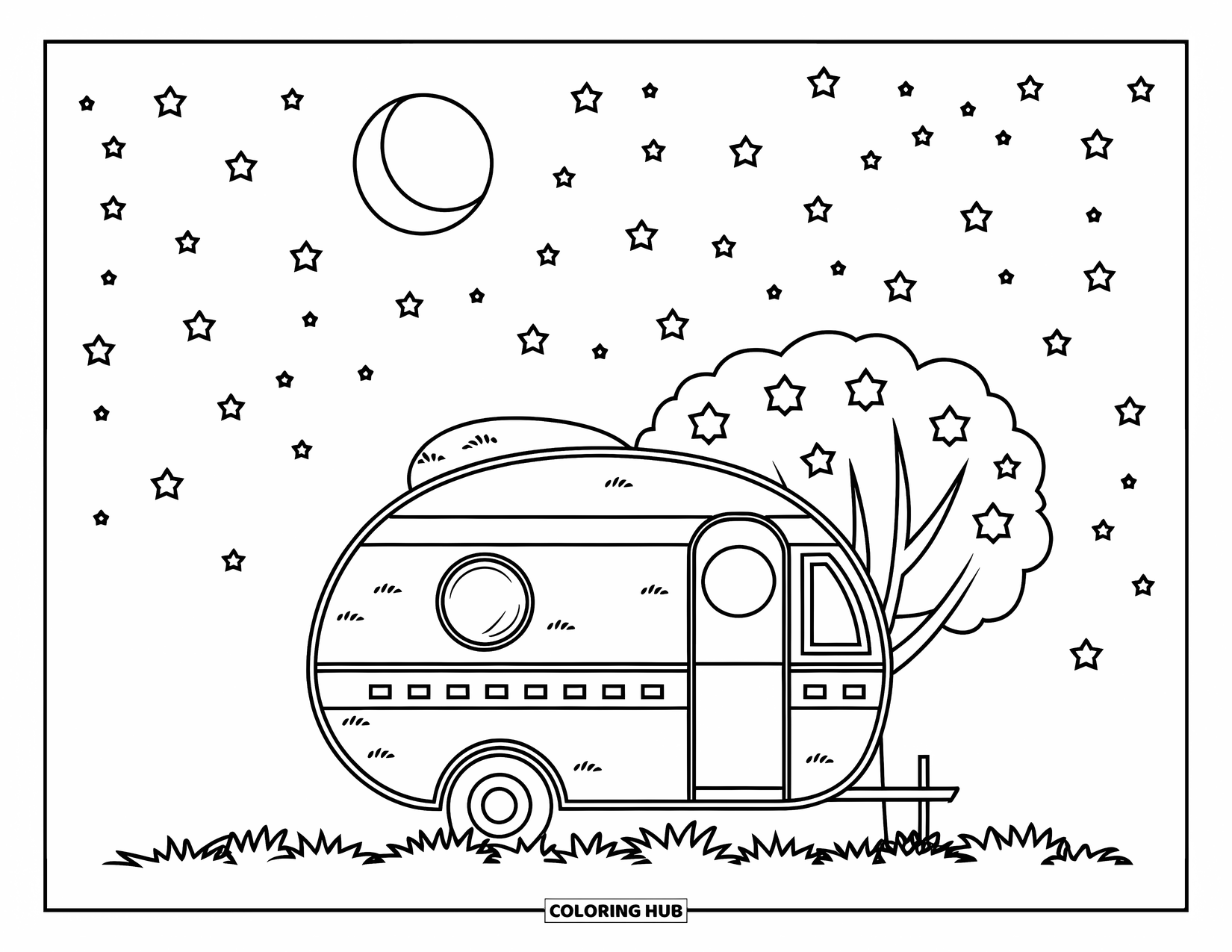 Camper Coloring Page for Kids: A camper rests under the stars with a glowing moon above