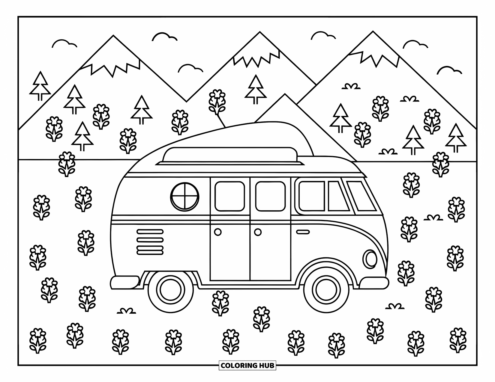 Camper Coloring Page for Kids: A camper van parks by mountains and wildflowers