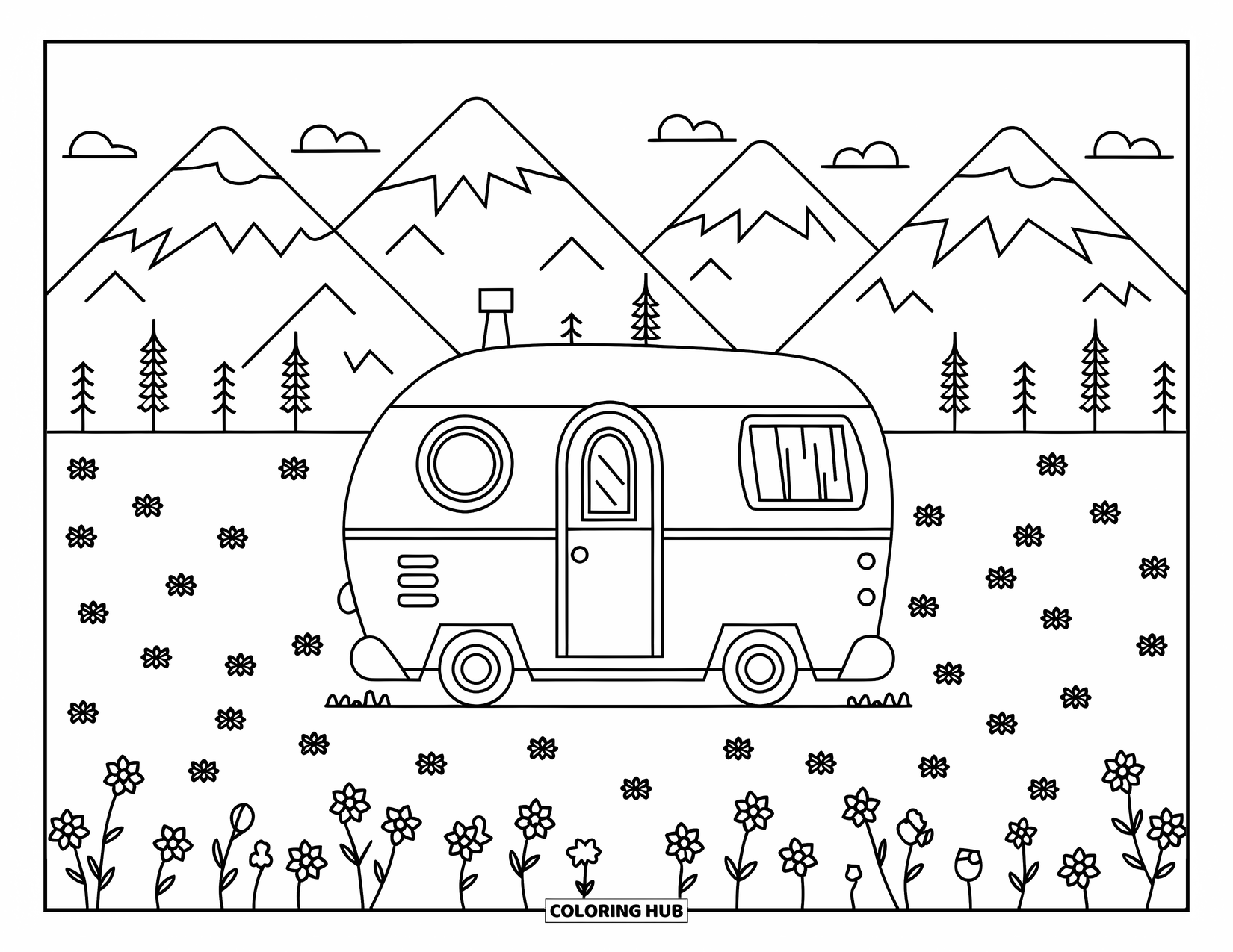 Camper Coloring Page for Kids: A camper van rests near a grassy mountain trail with wildflowers