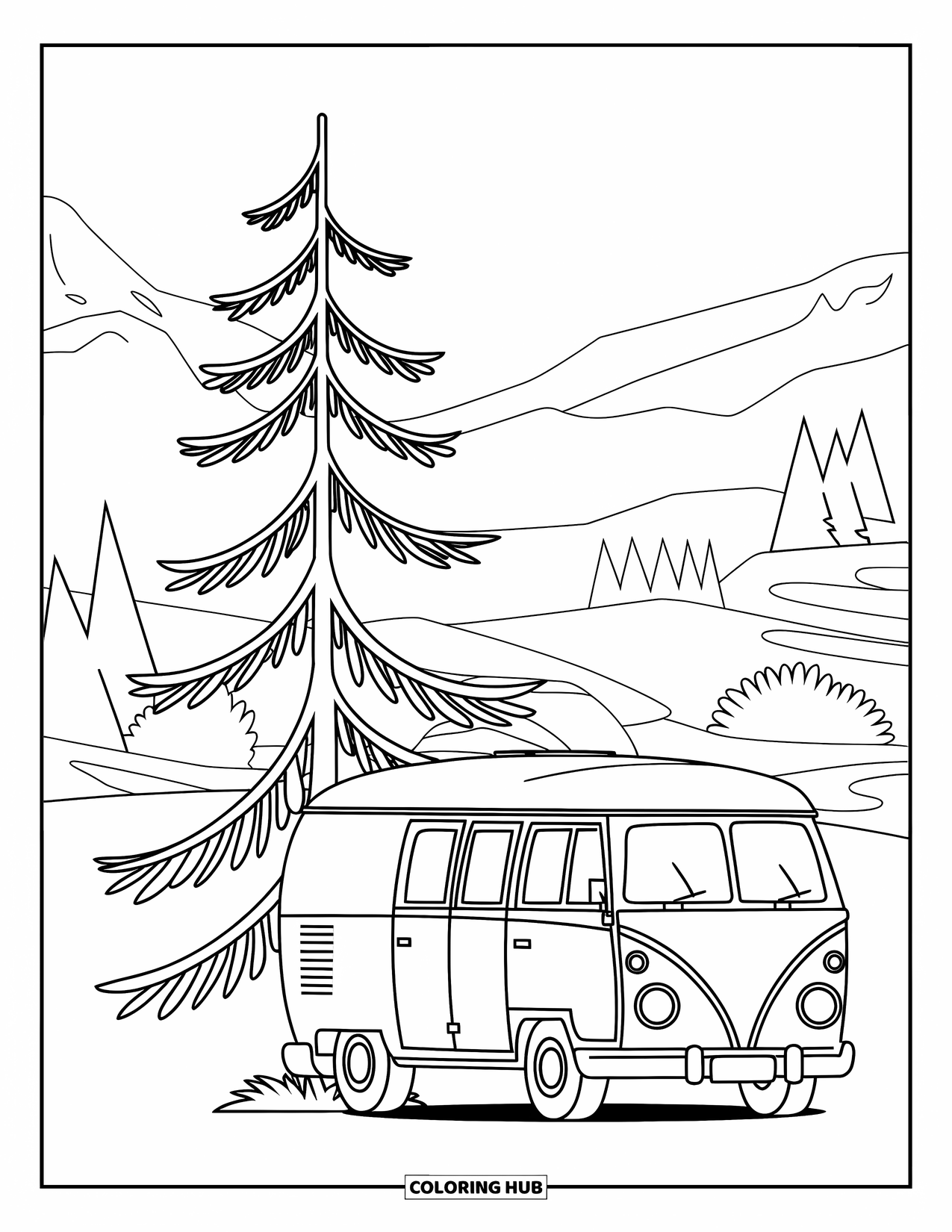 Camper Coloring Page for Kids: A camper van with a bright roof parks near trees and a clear sky